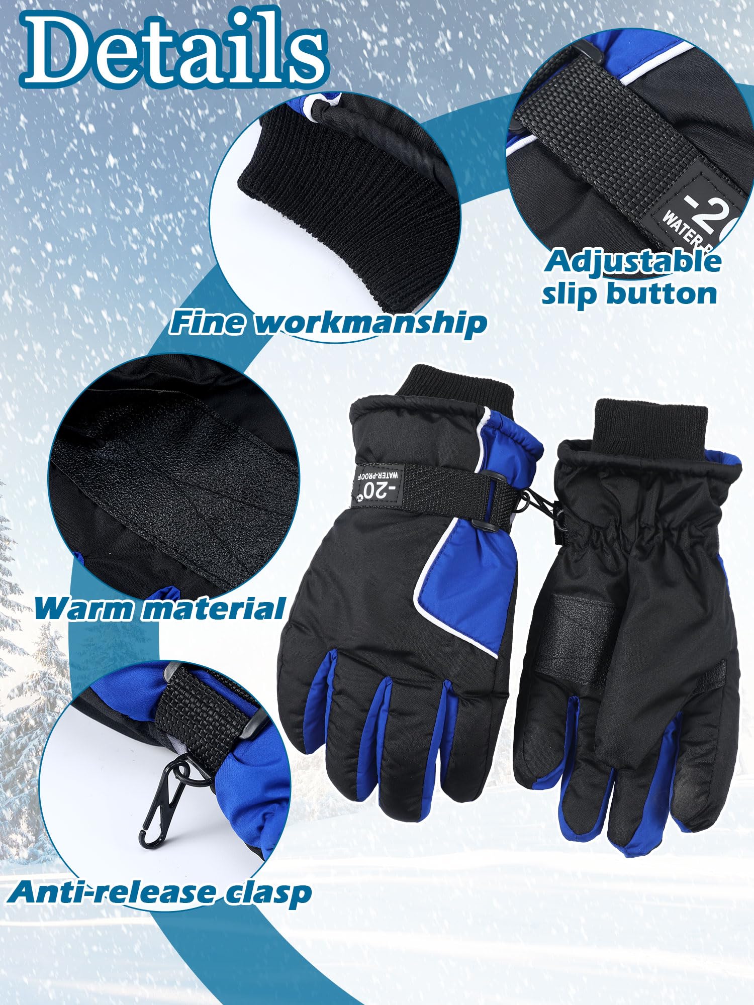 6 Paia di Guanti Invernali Impermeabili Antivento per Bambini (8-12 anni, Rosso, Bianco, Blu, Marrone, Marrone, Blu Viola)