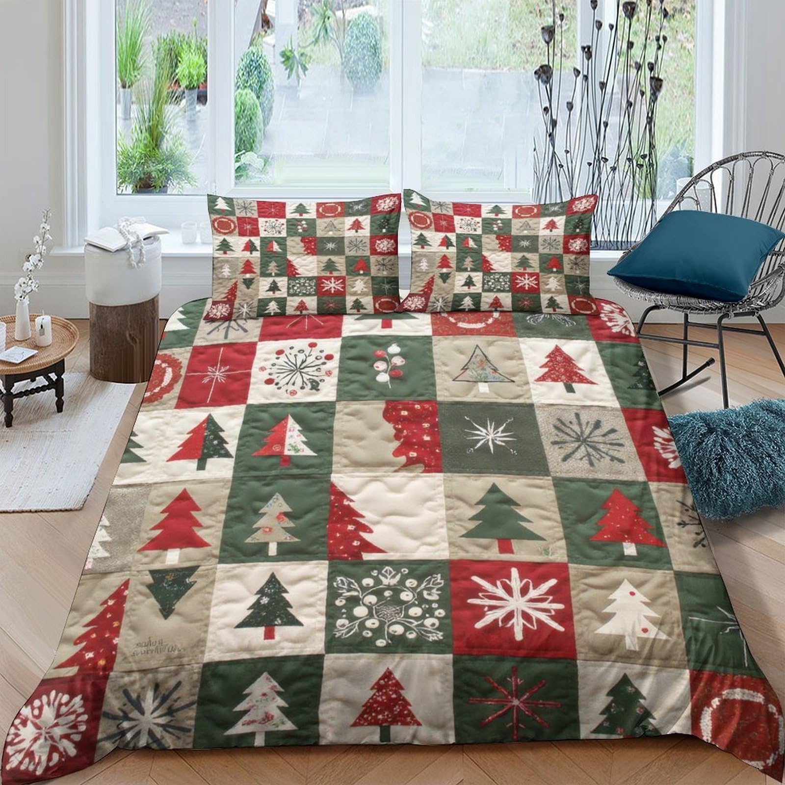 Ctjqhvkz Style-5 3D Printed Christmas Patchwork Fitted Sheet Microfiber Red Green Tree Bed Sheet Non-Slip Easy Care For Bedroom Guestroom Single（135X200cm）