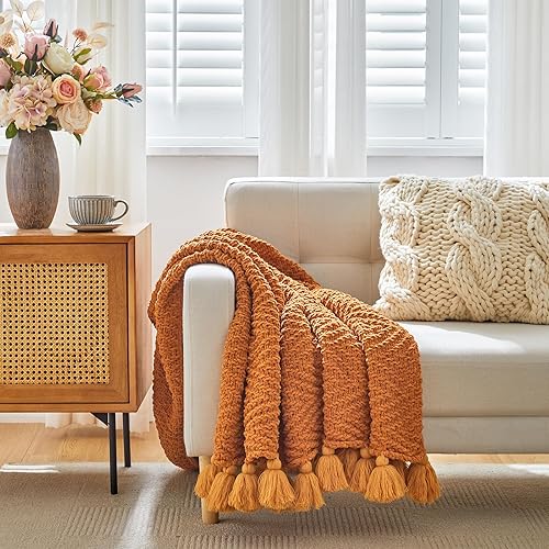 Miniatura 2 de Manta de punto naranja óxido con flecos, manta de punto grueso de felpilla suave y ligera para sofá, cama, exteriores y viajes, 51 x 63 pulgadas,
