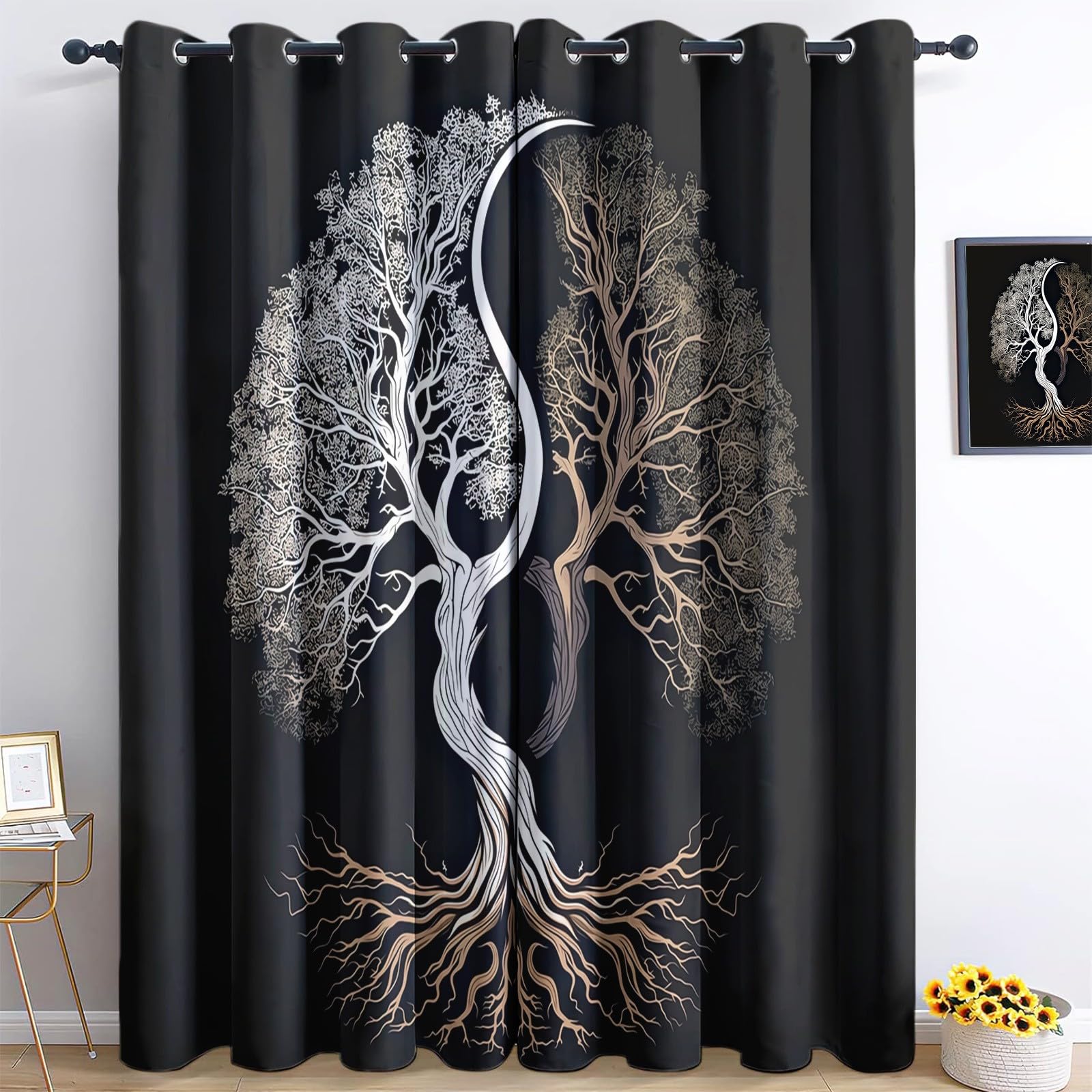 Rideau à œillets occultant motif arbre de vie noir de haute qualité