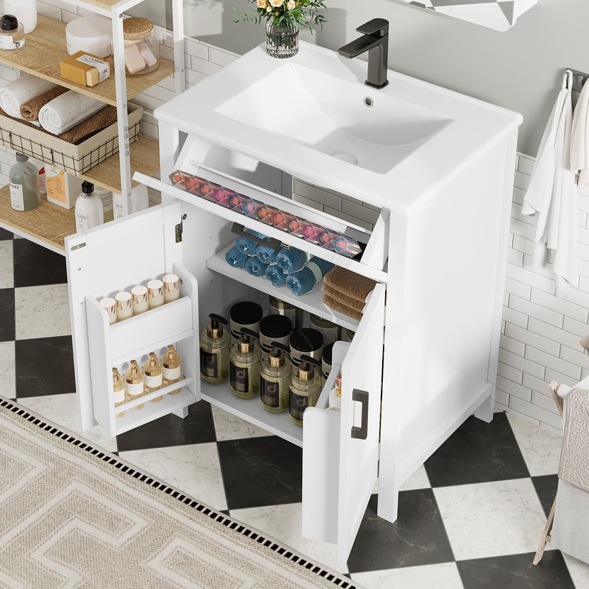 BTM Waschtisch Stehend mit Unterschrank 60cm Breiter Badezimmerschrank Integriertes Waschbecken mit Schubladen Weiß