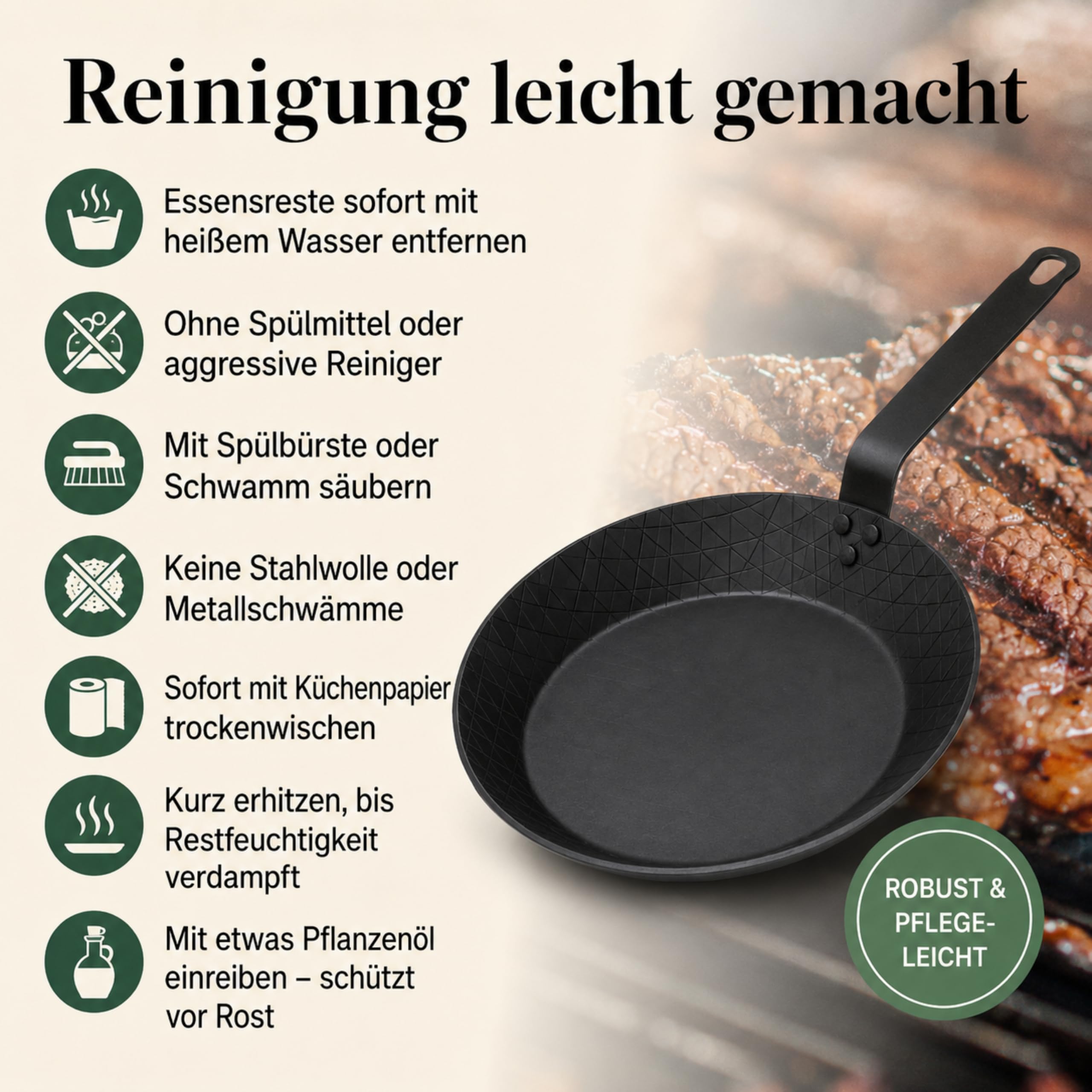 pasoli Carbonstahl Steak-Pfanne 28 cm – voreingebrannt, ohne Griffschutz, Induktion, Gas & Elektro kompatibel, kratzfest, ofenfest, Steakpfanne schwarz