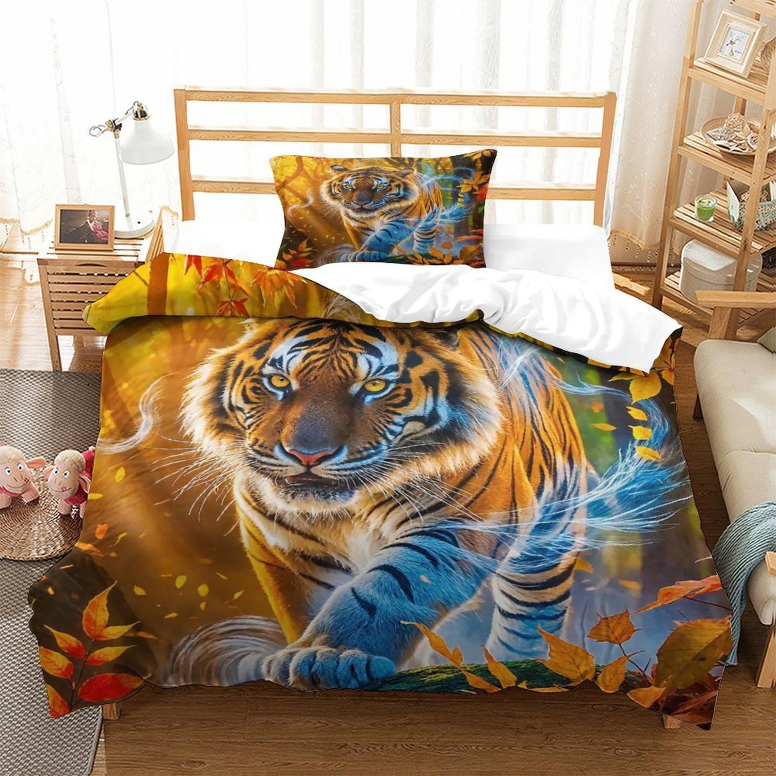 Linge de lit tigre 3D microfibre 135x200cm anti-pli avec fermeture éclair cachée