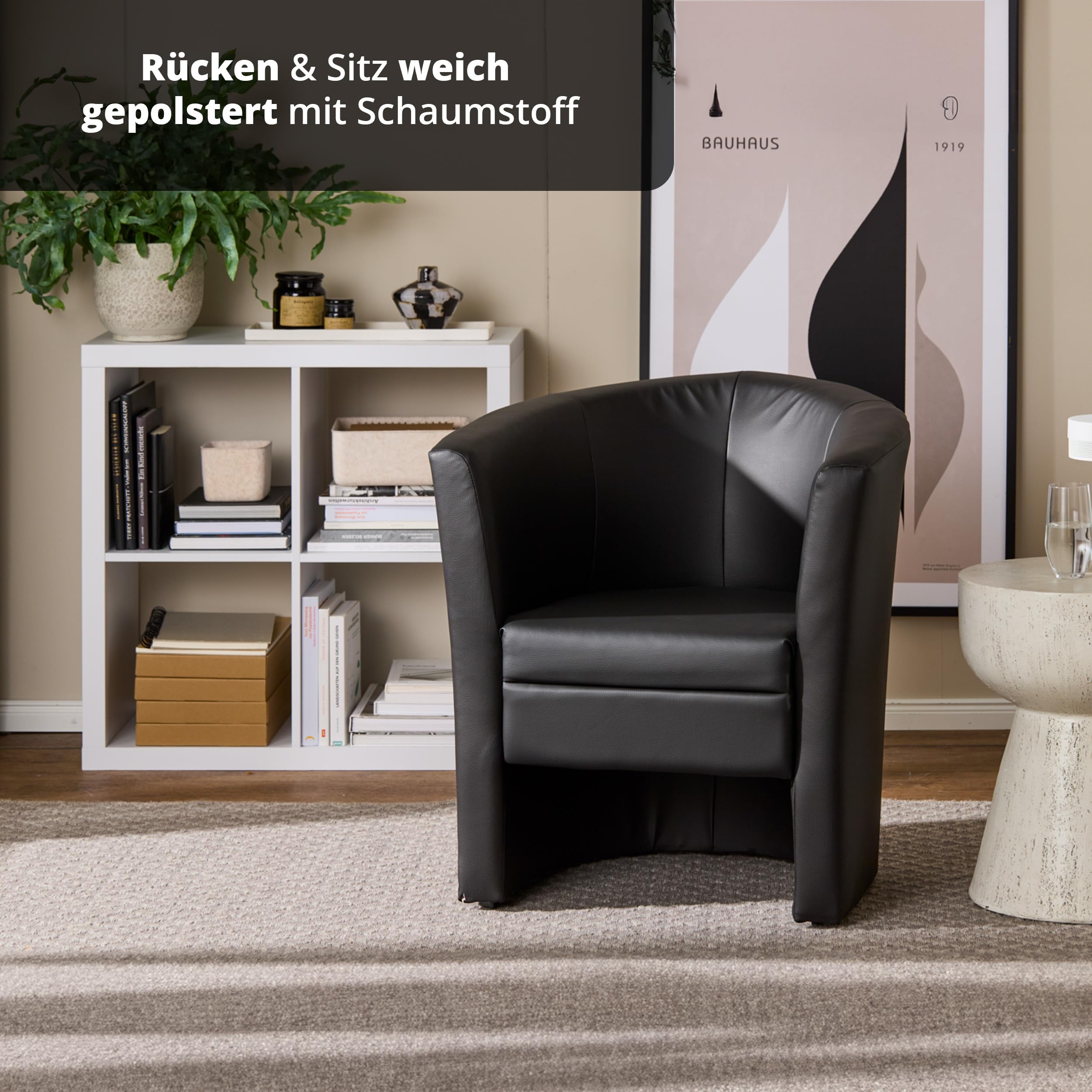 KHG Cocktailsessel Schwarz - Kunstleder, 73x78x60 cm, Sitzhöhe 42cm, Sitzbreite 46cm, Schaumpolsterung, Schlichtes & Zeitloses Design, ideal für Wohnzimmer, Leseecke, Gästezimmer, Bürosessel