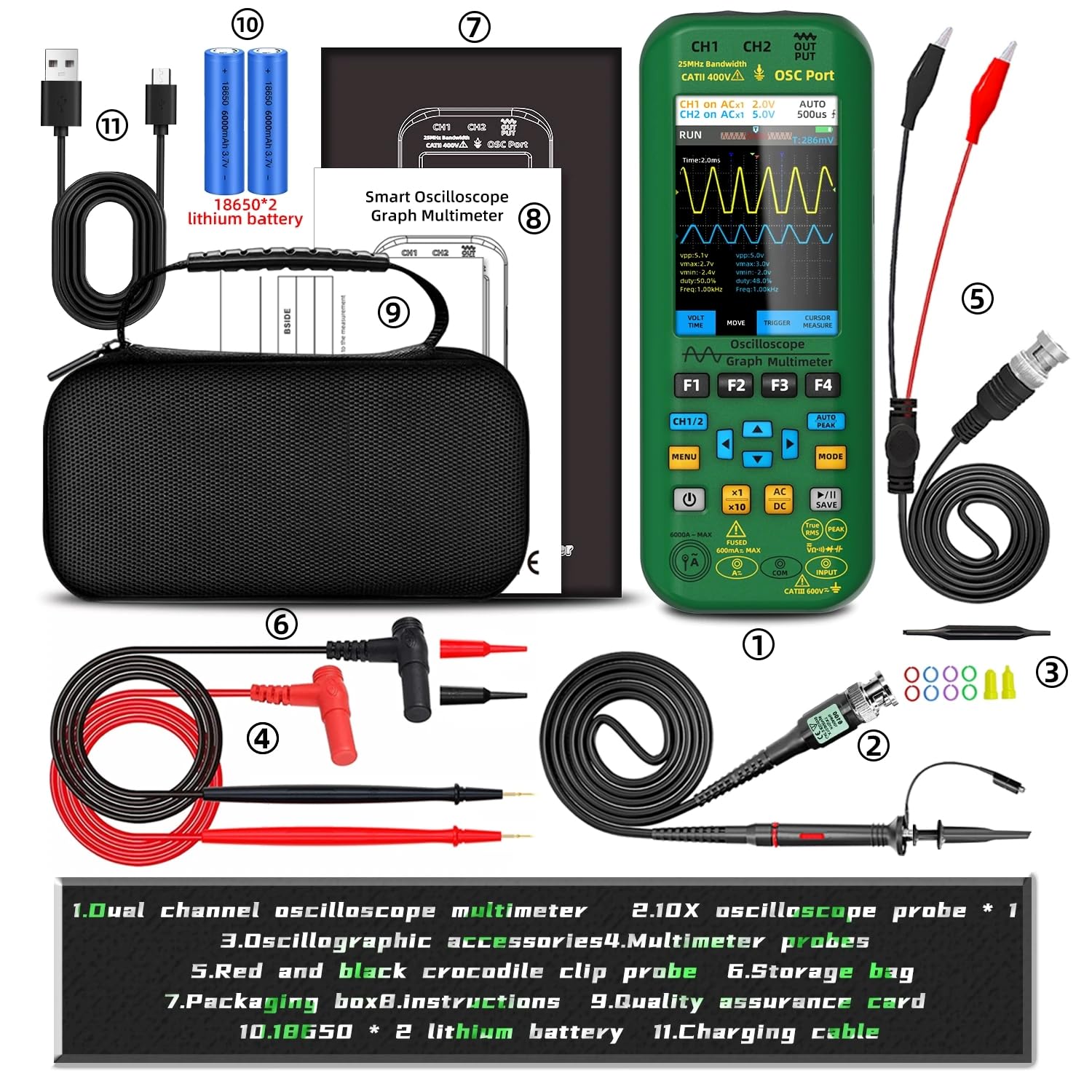 4 in 1 Tragbares Oszilloskop Digital Multimeter + Funktion Dual Channel Automatic Signal Generator Osciloscópio Tools Graftester Stromprüfer (O7 25 MHz)
