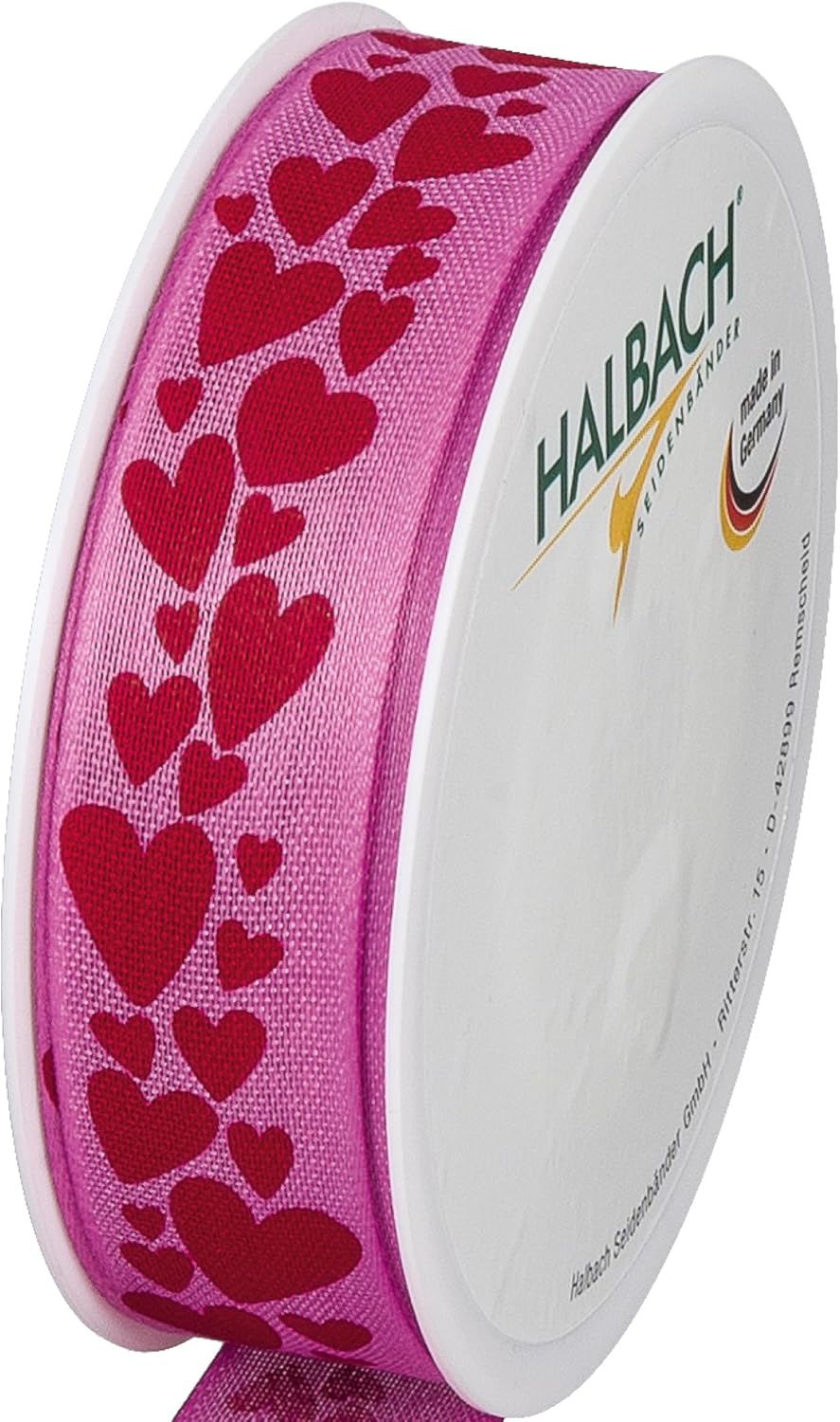Halbach Seidenbänder Gift Ribbon Hearts | Width 25 mm Length 18 m | Print Ribbon with Heart Motif | Perfect Ribbon for Wedding or Valentine's Day | Rose Pink/Red