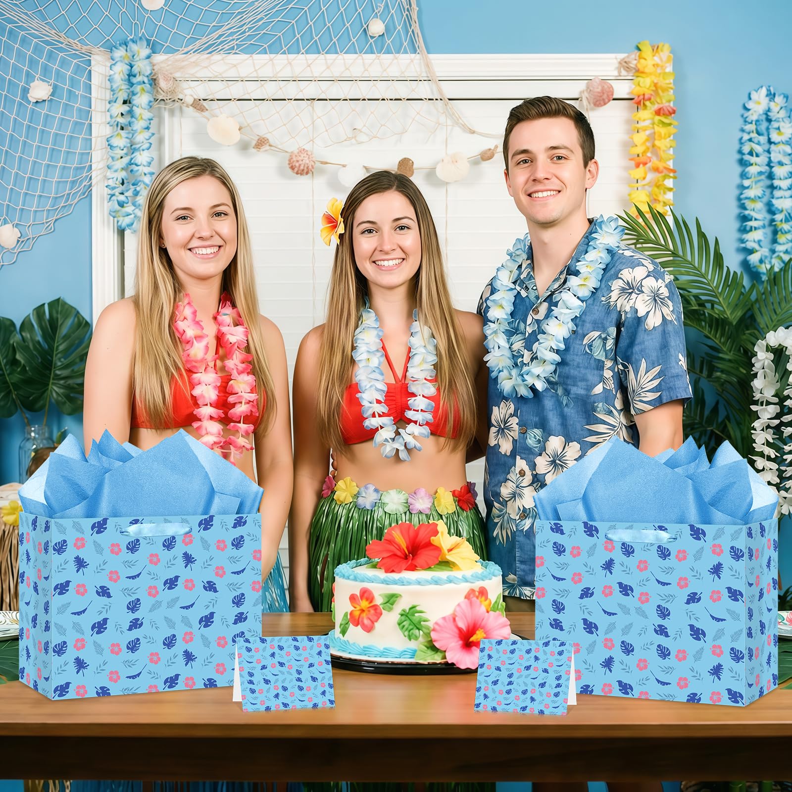 Wayyogh Hawaiian Gift Bag Cute Cartoon Blue Pink Hibiscus Party Gift Bags with Wrapping Tissue Paper and Greeting Card Hawaiian Wrapping Paper for Birthday Baby Shower Holiday Party Supplies