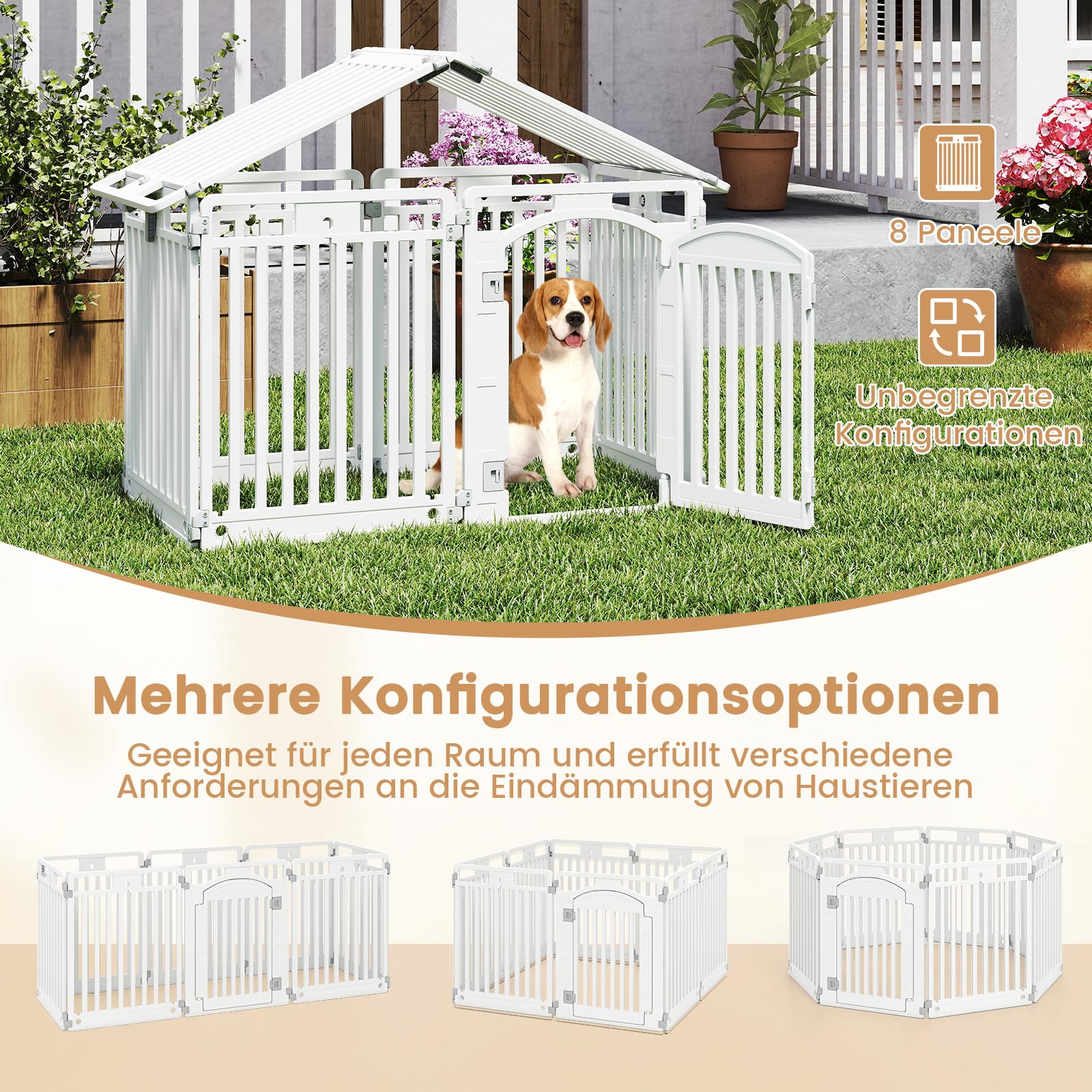 COSTWAY Welpenauslauf faltbar, Welpenlaufstall mit 8 Paneelen, abschließbarer Tür & Bodennägeln, 80 cm hoch, Hundelaufstall Outdoor Indoor, Laufstall Hund, Hundeauslauf aus Kunststoff, Weiß
