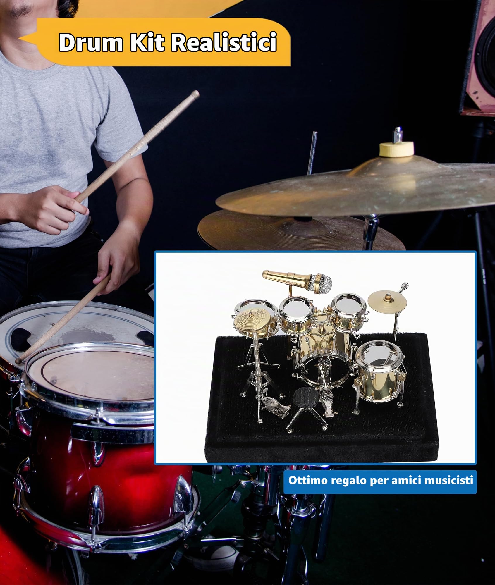 Gugxiom Mini Set di Batteria con Espositore e Base, Mini Kit di Batteria in Metallo, Set di Batteria per Strumenti Musicali in Miniatura, Mini Batteria per Regali Famiglie Amici