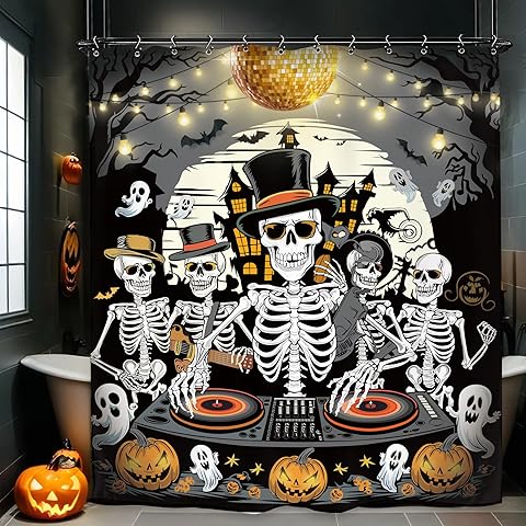 Yookeb Funny Halloween Skeleton Bathroom Skull Shower Curtain 60W by 71H Inch Cool Pupmkin Disco Scary Horror Spooky Holiday Polyester Fabric 12 Plastic Hooks Waterproof Decor