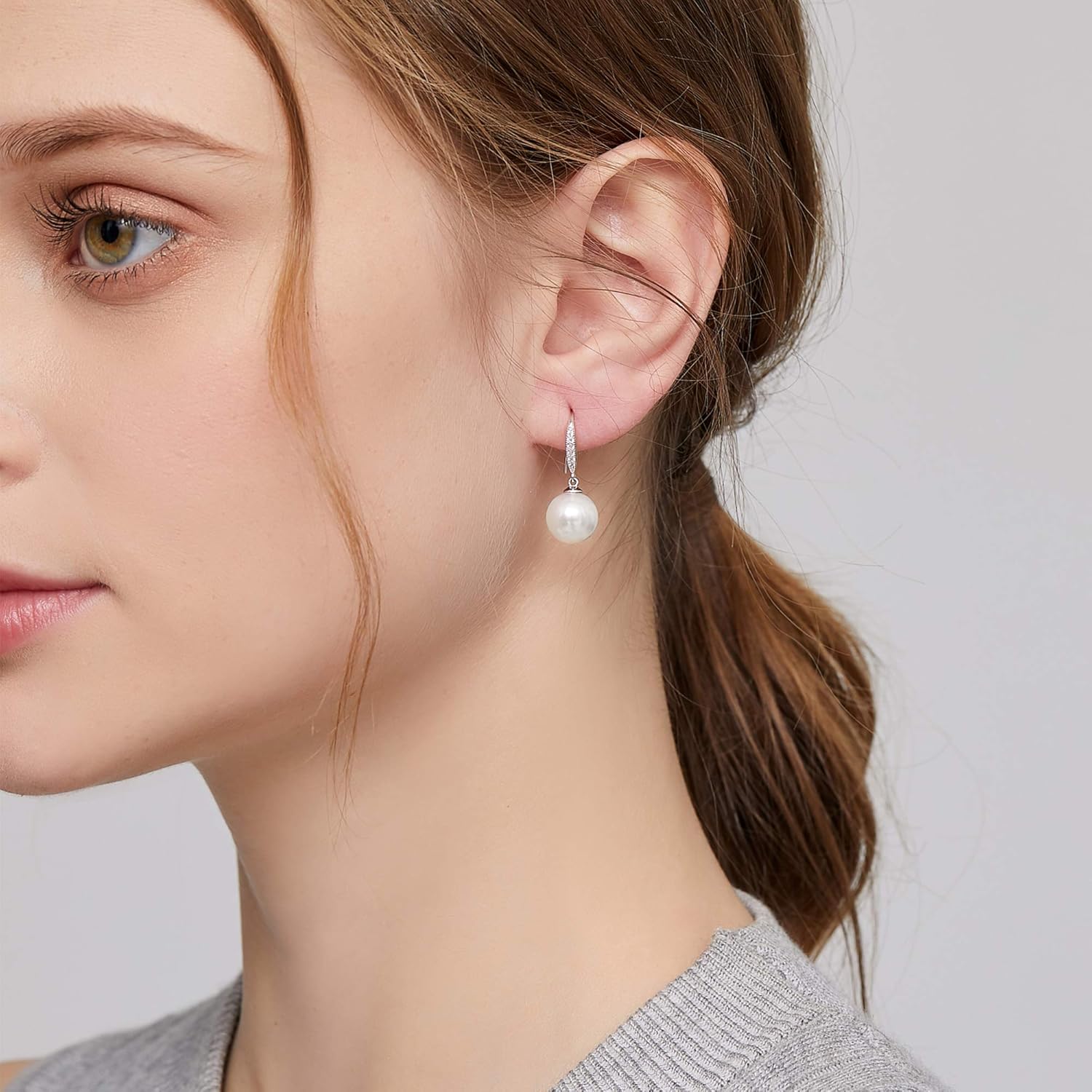 Jiamiaoi 18k White Gold Plated Pearl Earrings, 925 Sterling Silver Pearl Drop Earrings for Women, Trendy Hook Jewelry - Image 2