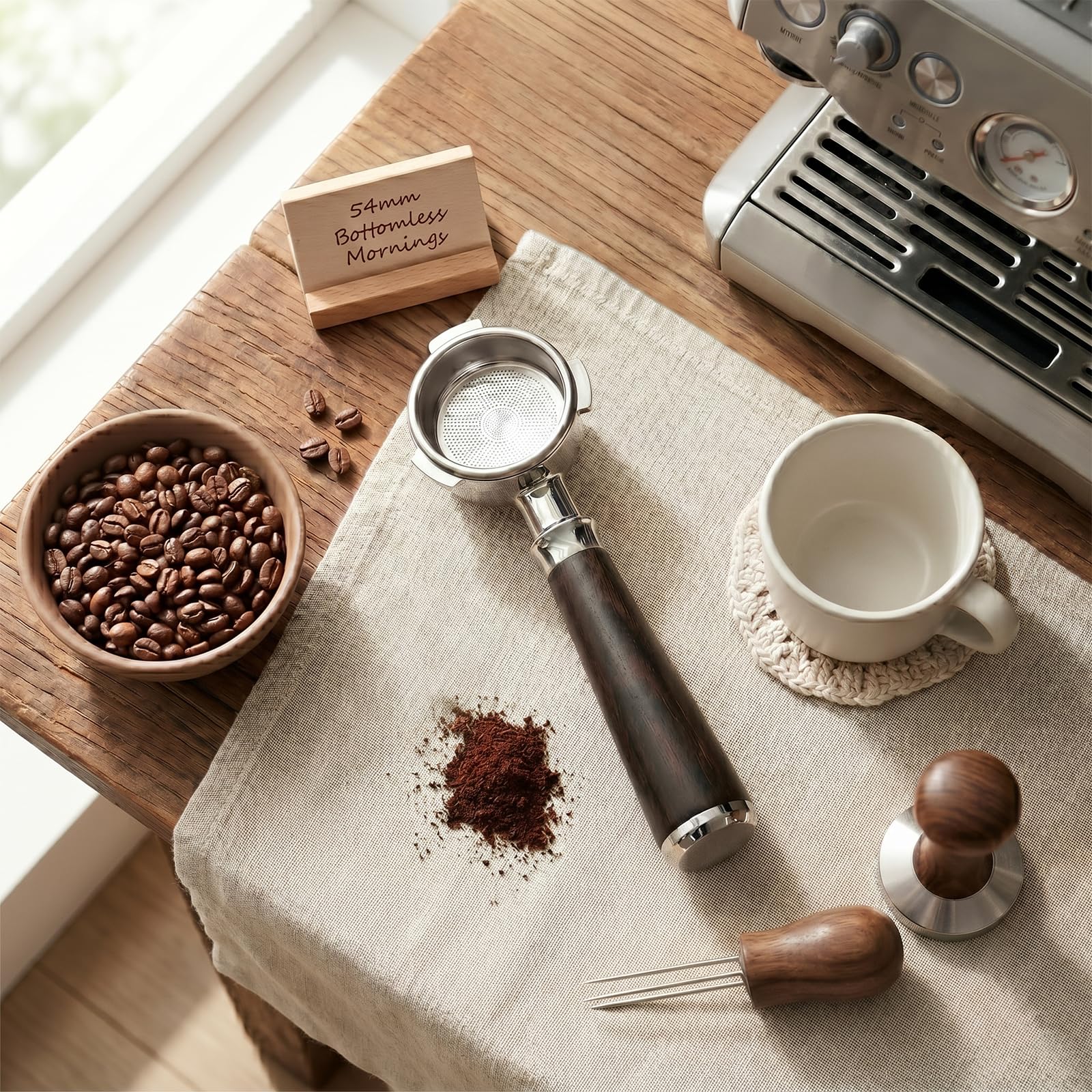 Filtr do espresso, 54 mm, bezdenny portafilter do kawy marki CrossCreek z filtrem portafilter ze stali nierdzewnej i litego drewnianego uchwytu do ekspresu do espresso Breville Barista 6296-53101-01A