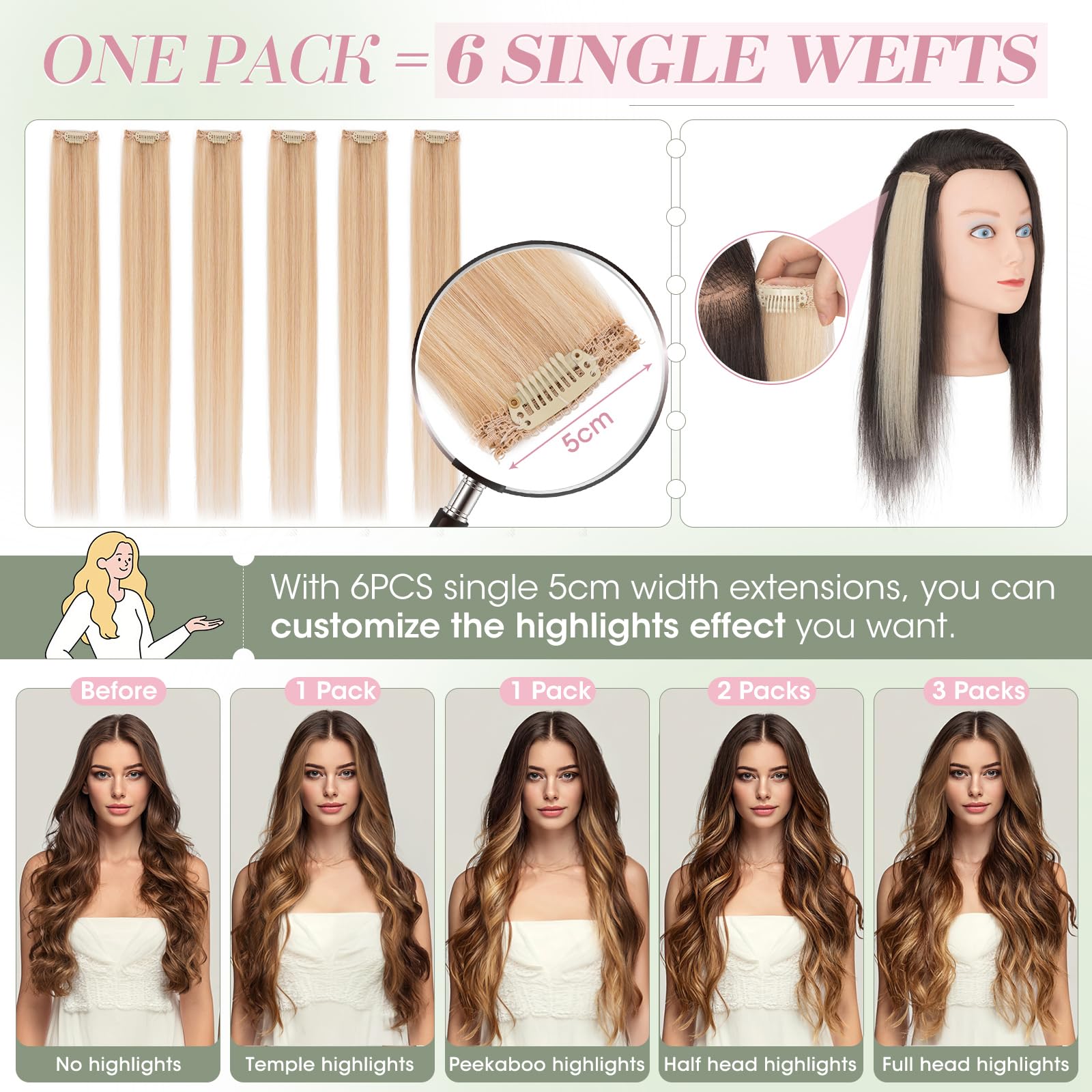 Elailite Echthaar Extensions Clip Balayage Silk Lace in Tressen 6Stücke Clip in Haarverlängerung Unsichtbar 40g 40cm für Volumen/Meches #18P613