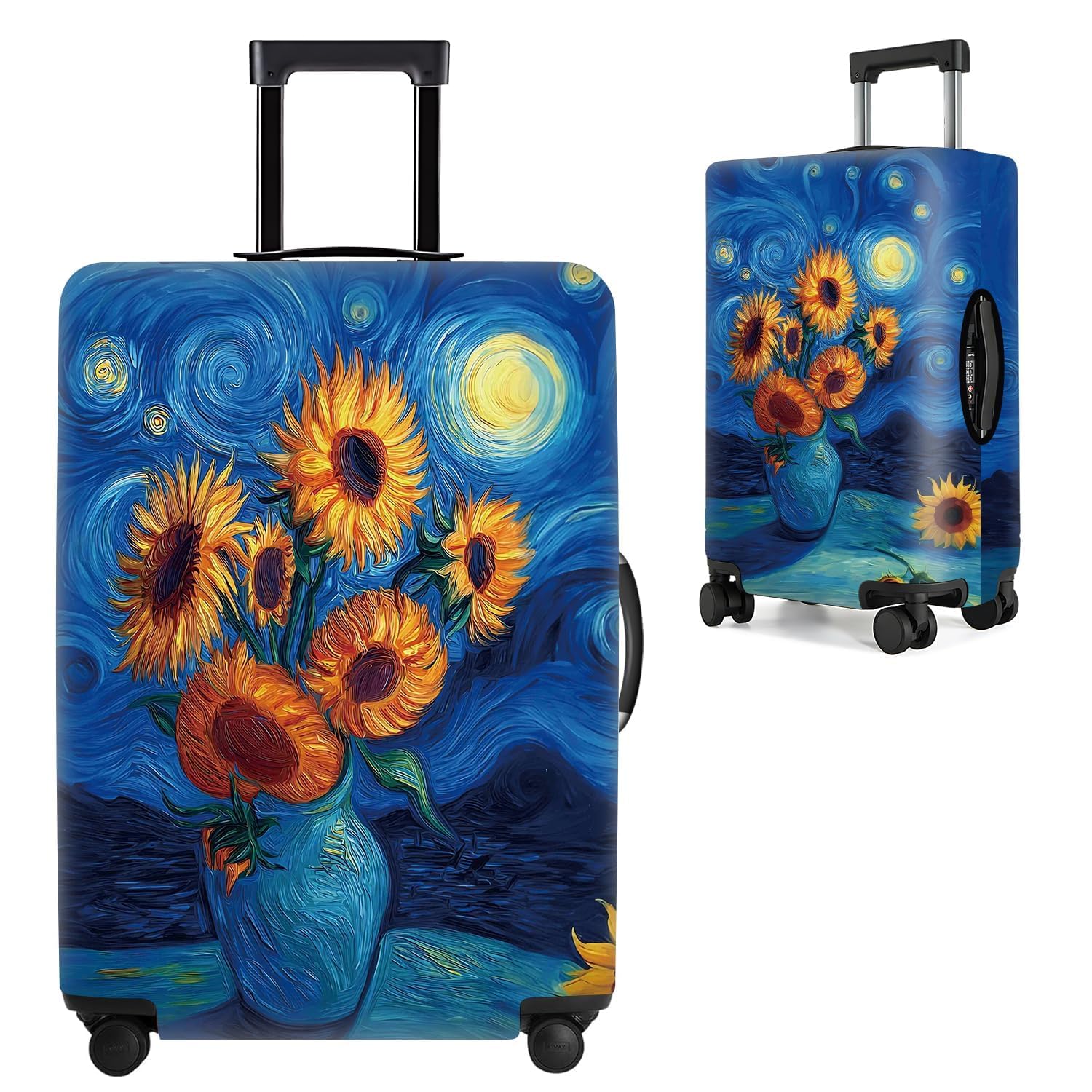 Van Gogh Sunflowers Luggage Cover – Artistic Suitcase Protector with Starry Night and Vase Design – Fits 28-30 Inch Travel Luggage,L
