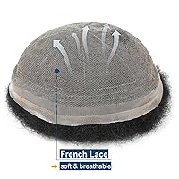 Vista 3 de HAPPY&CC Peluca de cabello humano tipo tupé para hombre, sistema de reemplazo de cabello de encaje francés completo, negro, afro tupé, pelucas Negro