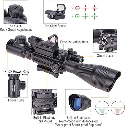 Miniatura 18 de PINTY Rifle Optical Scope & Red Dot Combo with Red/Green Laser, Illuminated Reticle for 20mm Picatinny Rail 4-12X50