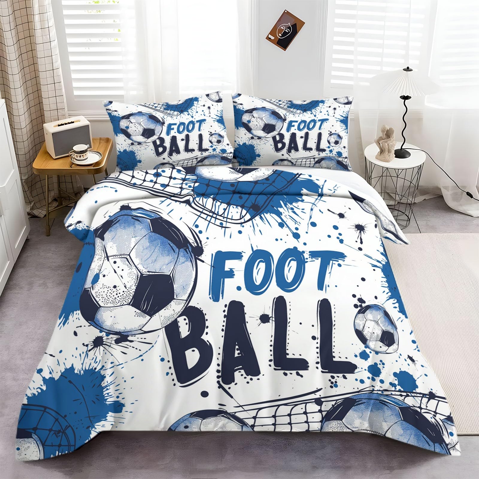 Funda Nordica Infantil para Cama 90 Tema De Fútbol ​​Azul 3D Funda de Microfibra Polialgodón para Edredón 150x200 cm, Suave y Transpirable Juego de Funda Nordica