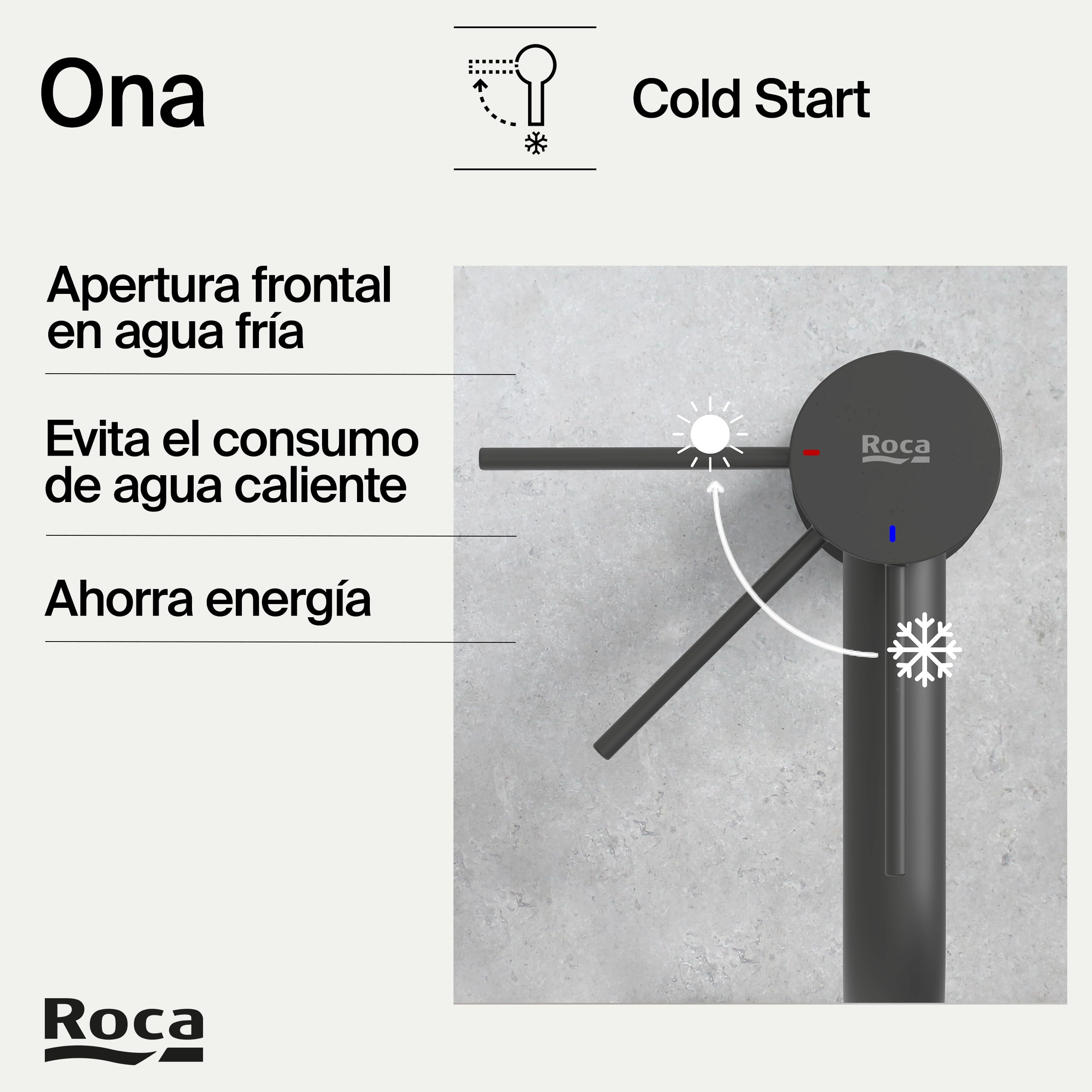Roca Ona Grifería para lavabo con tecnología Cold Start, grifo monomando con enlaces de alimentación flexibles de fácil instalación, mezclador de baño con desagüe click-clack, negro mate, A5A3A9ENB0