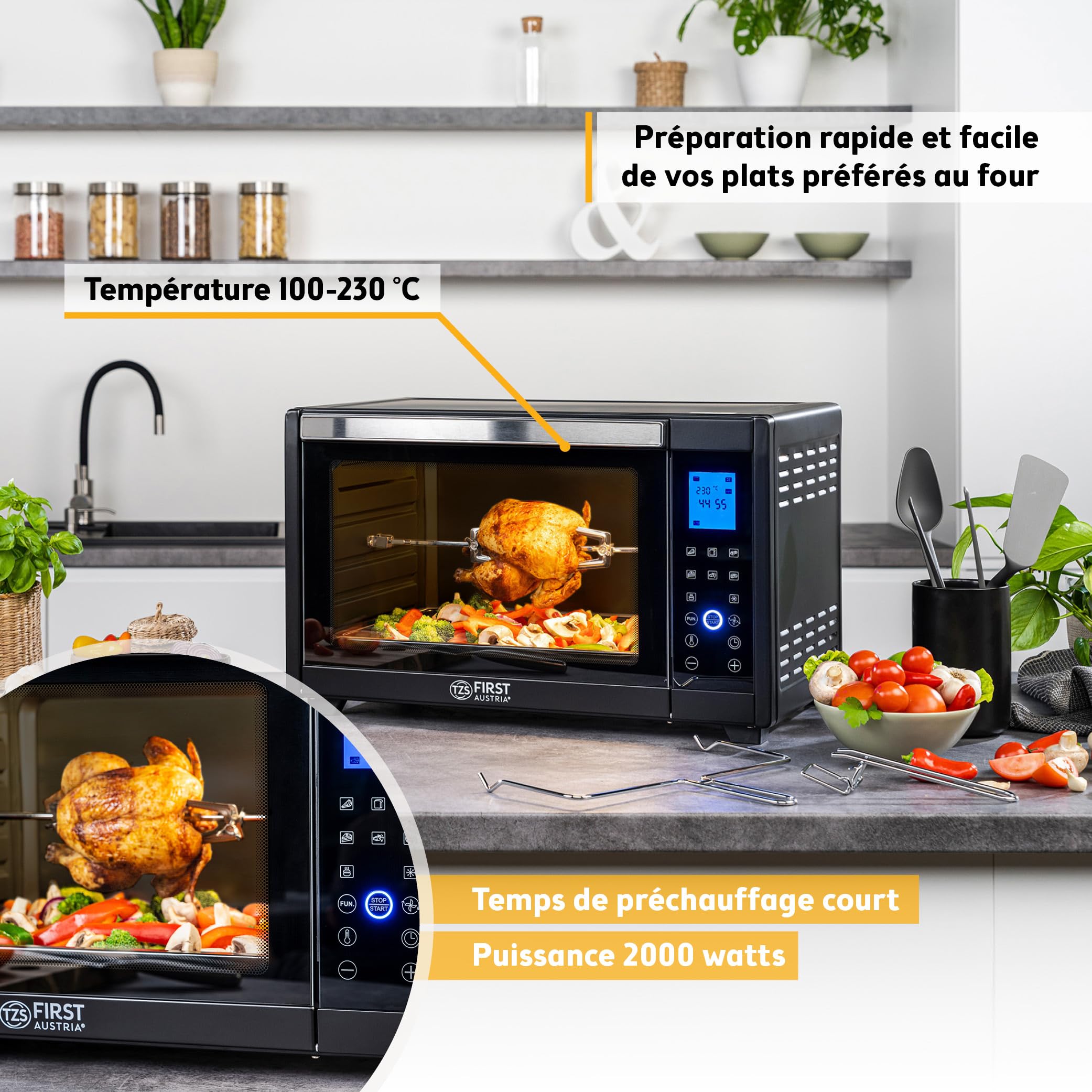 TZS First Austria – Mini-Four 45L 2000W digital – Revêtement Premium-X, Température jusqu'à 230°C & 4 Niveaux – Minuteur 180 Min & 8 Modes – Inclus Tournebroche – Pour Petites Cuisines & Camping