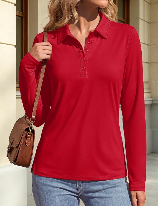 YUCOLEN Womens Polo Shirt Long Sleeve 5-Button Collared Cotton Top Red, S by YUCOLEN - Used condition - Image 4