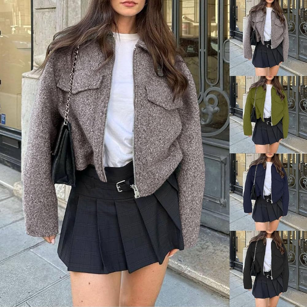 KBOPLEMQ Blazer Vintage En Tweed Pour Femme - Confortable - Veste Courte Rétro - Manches Longues - Vêtement D'extérieur - Hiver - Printemps - Automne - Haut D'extérieur à Manches Longues - Manteau