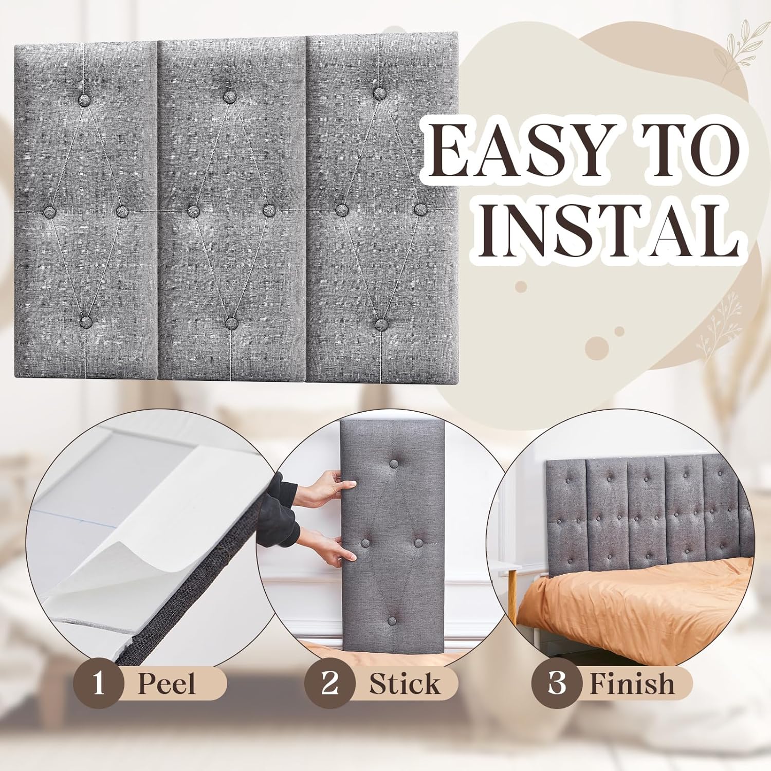 Juexica 9 Pcs Peel and Stick Headboard Soundproof Queen Headboard Tufted Floating Headboard Upholstered Wall Mount Headboard Padded Wall Panels for Bedroom Dorm Bed, Gray, 23.62 x 9.84 Inches