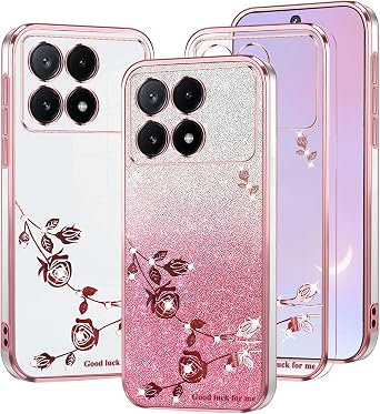 Phone Case for Xiaomi Poco X6 Pro Clear Glitter Floral, Cute Slim for Xiaomi Poco X6 Pro Case Silicone Shockproof Protective Women Girls Cover Sparkle Aesthetic Pink