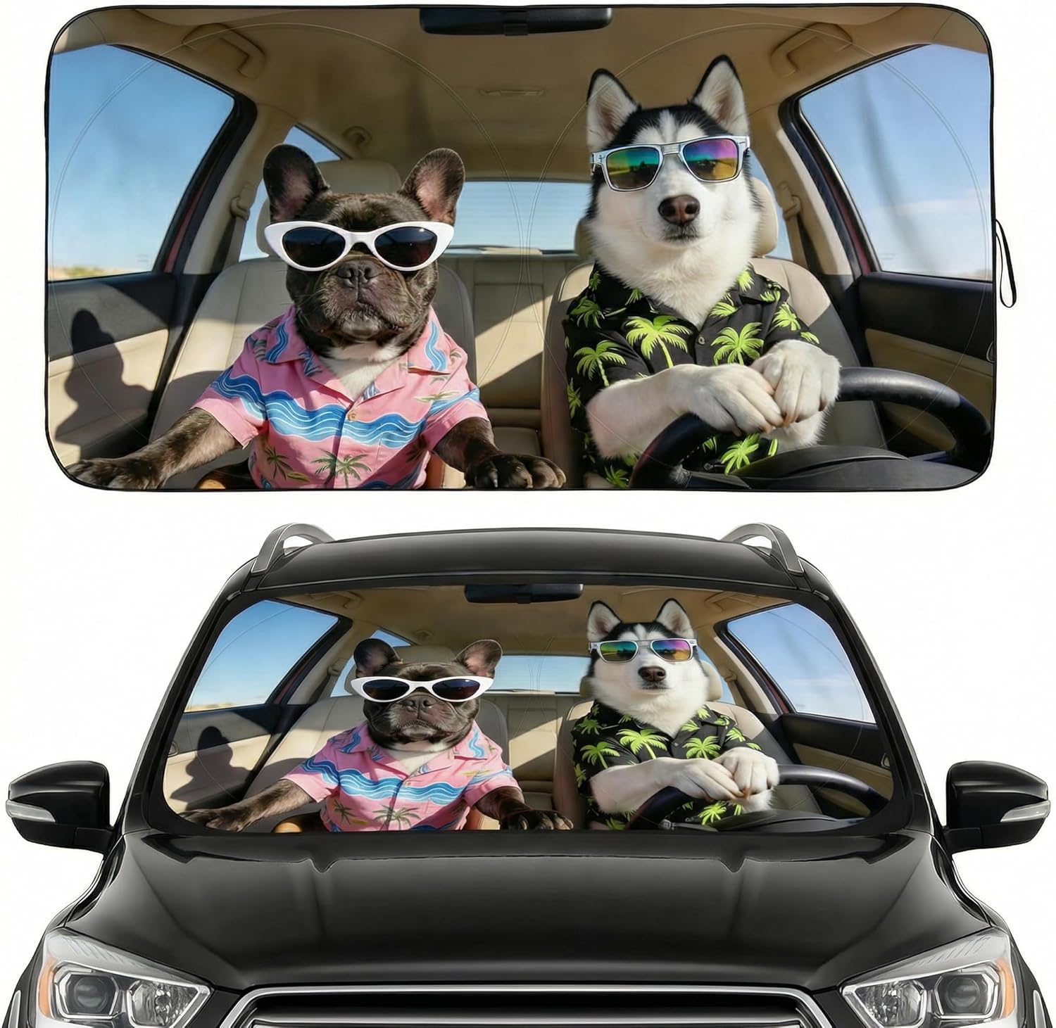 Windshield Sun Shade for Car, Cute Husky & French Bulldog Car Windshield Sunshade, Funny Dog UV Heat Shield, Foldable Automotive Sun Shade for Cars SUV Trucks