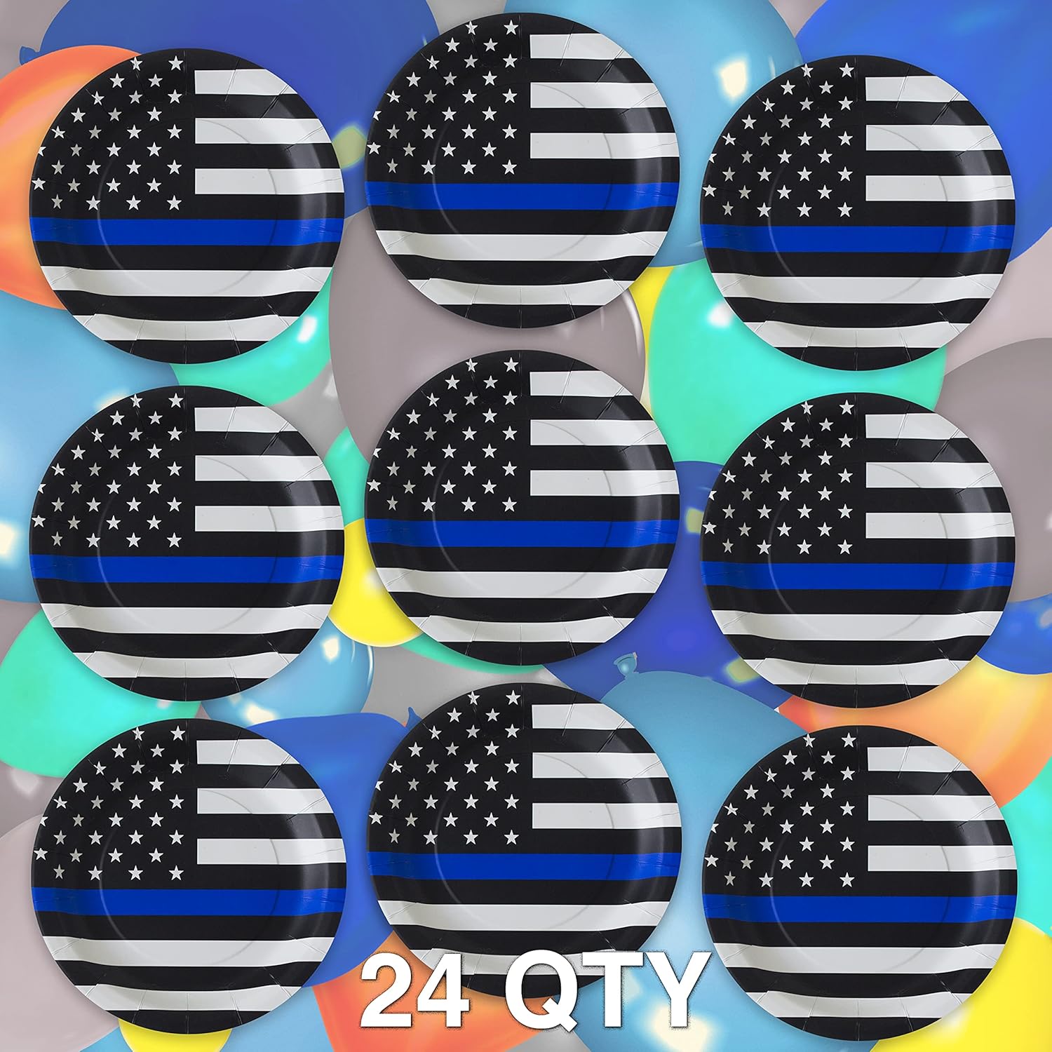 Havercamp Police-Thin Blue Line Lg. 9” Plates (24 Pcs.) in the Official Thin Blue Line Flag Pattern. 24 paper dinner plates (Pack of 2)