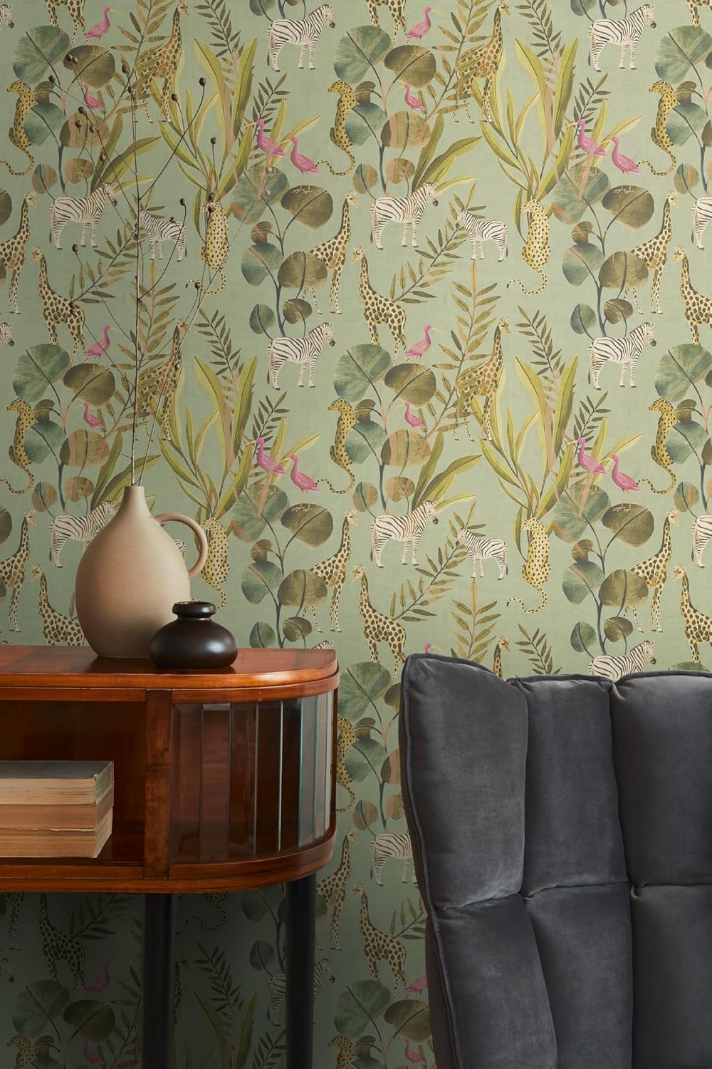 Livingwalls Anna D'Andrea 782181 Non-Woven Wallpaper Animal Wallpaper 10.05 m x 0.53 m Green Brown Pink Floral Wallpaper