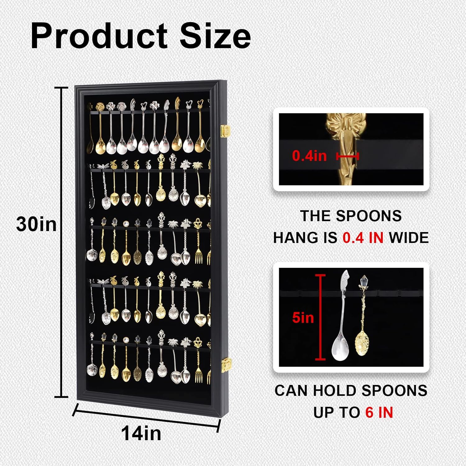 60 Souvenir Tea Spoon Display Case Collection Collector Rack Wall Mount Wooden w/98% UV Acrylic Door Lockable（Black）