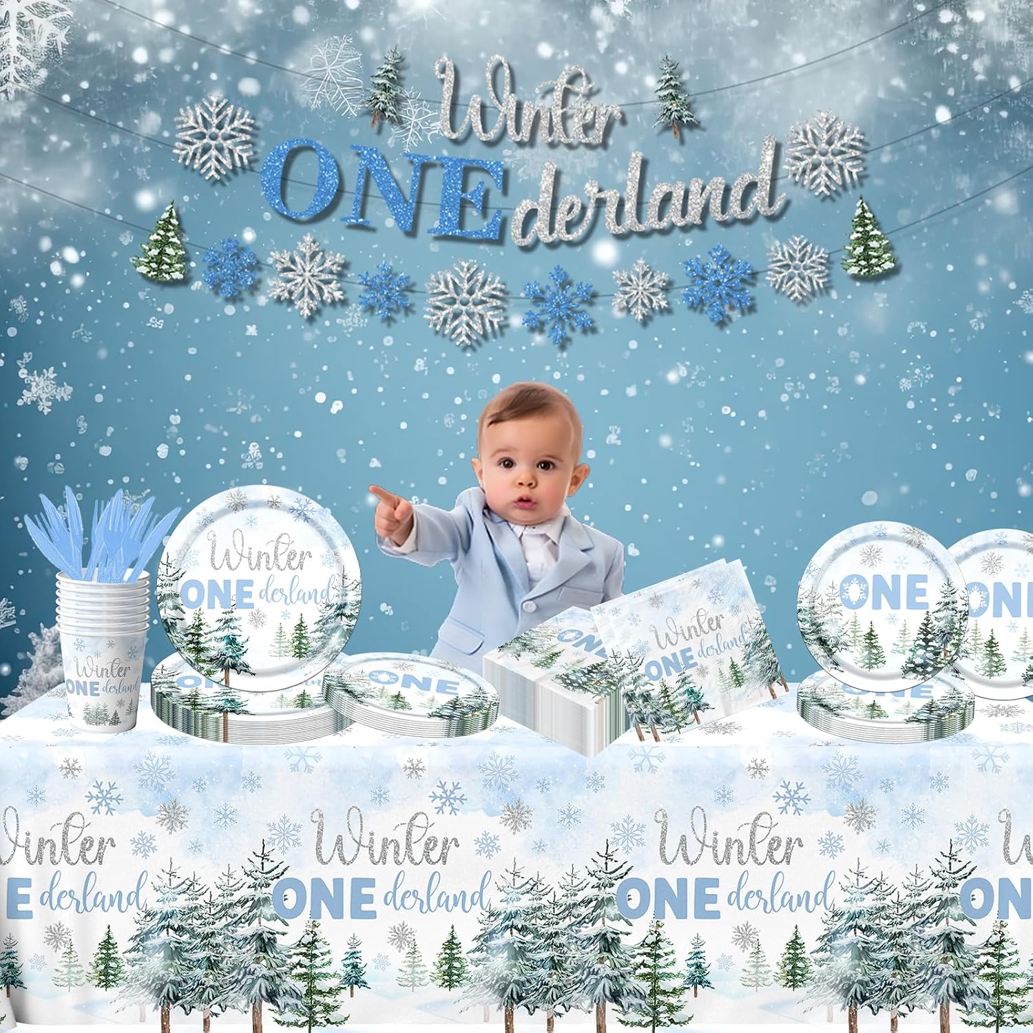 Winter Onederland 1st Birthday Boy Tableware - 142 Pcs Blue Snowflake Winter Wonderland Plates and Napkins