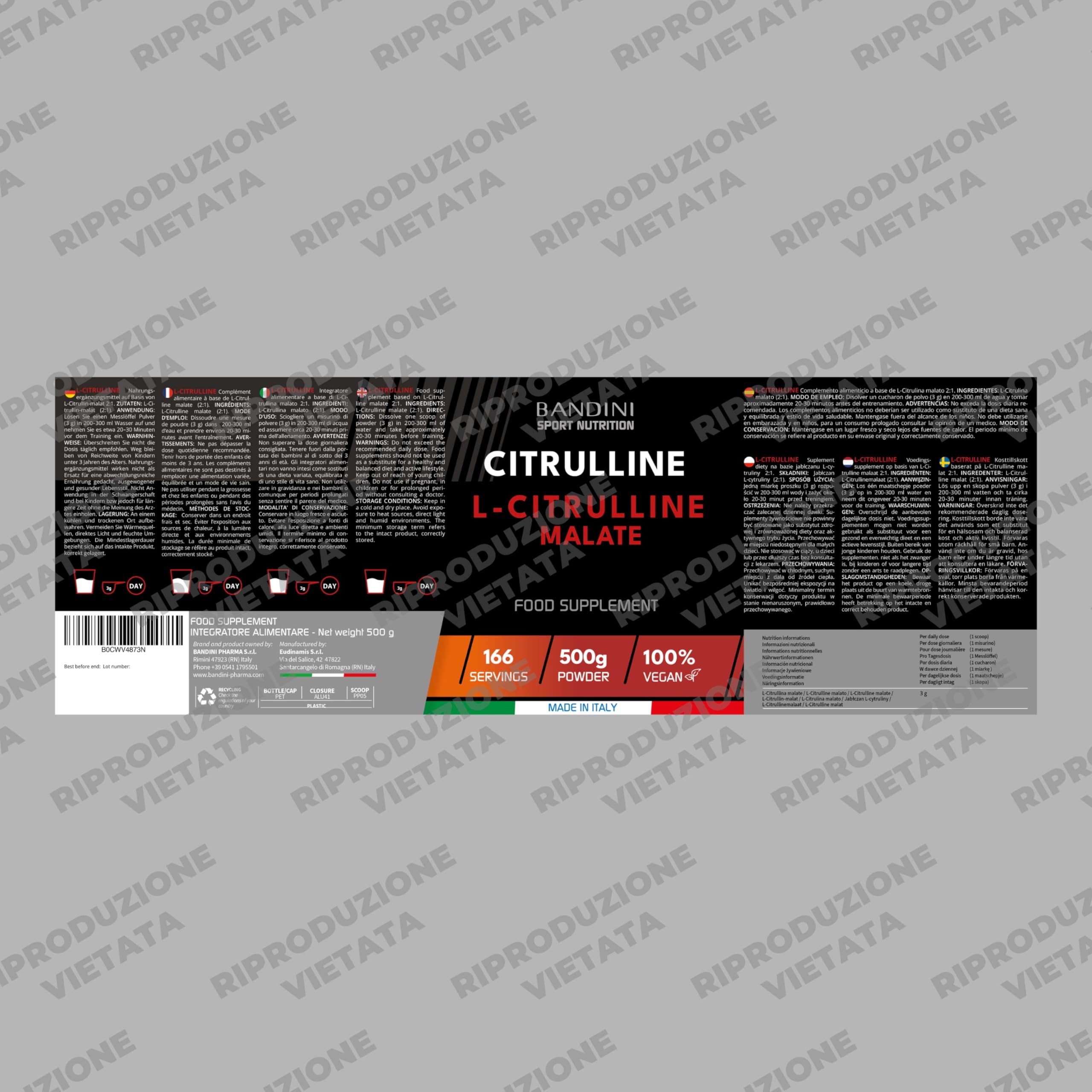 Bandini® L-Citrulline Malate Polvere 500 grammi, 3 grammi di L Citrulline Malat per Dose, Citrullina Malato 2:1 Polvere Insapore, Fermentazione Vegetale, Altamente dosata, Vegan, Booster Pre Workout