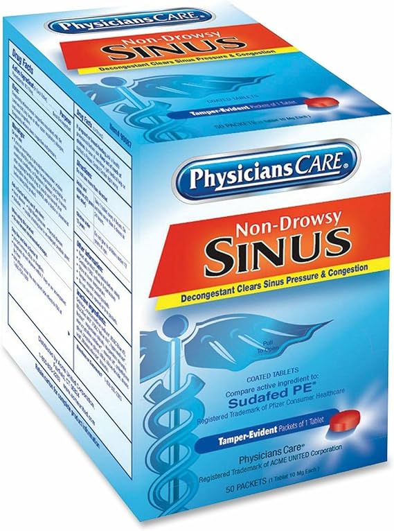 PhysiciansCare Sinus Decongestant Congestion Medication, 2 Tablets Per Packet, Box Of 50