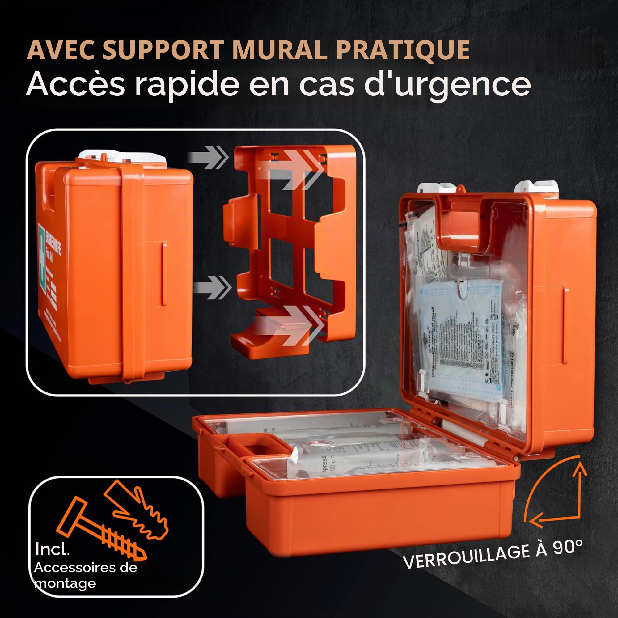 Mallette de premiers secours selon la norme de sécurité actuelle 2026 [DIN 13157:2021] | Avec support mural, 5 autocollants et plombs – Boîte de premiers secours pour la gatronomie, le bureau, la