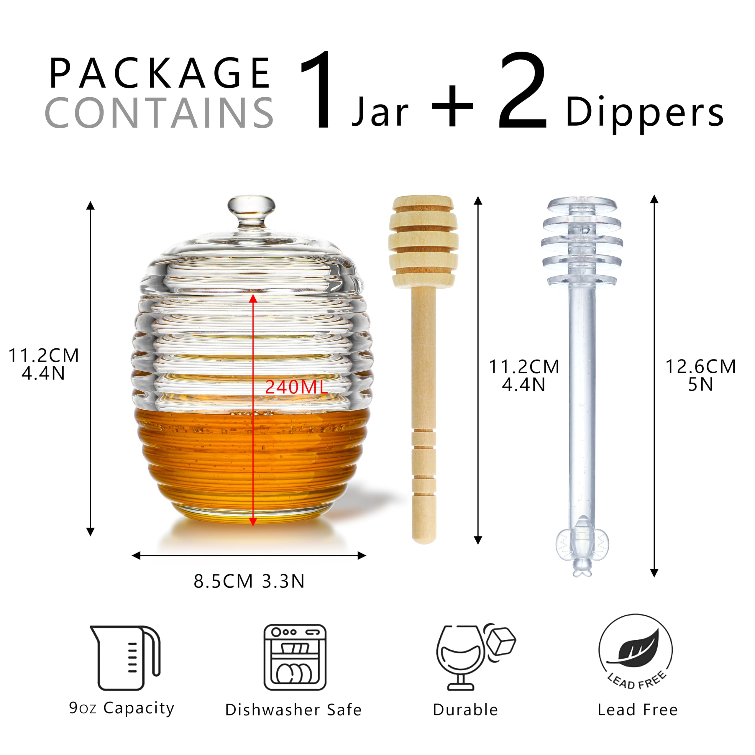 H&D HYALINE & DORA 9oz Glass Honey Dispenser with Dipper, Clear Crystal Pot for Home Kitchen Store Honey and Syrup, Easy to Clean - Image 3