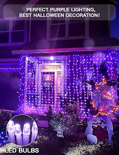 Miniatura 6 de suddus Luces de cortina moradas para Halloween, 200 luces LED en forma de red con enchufe USB, tira de luces de cortina para interiores para pared