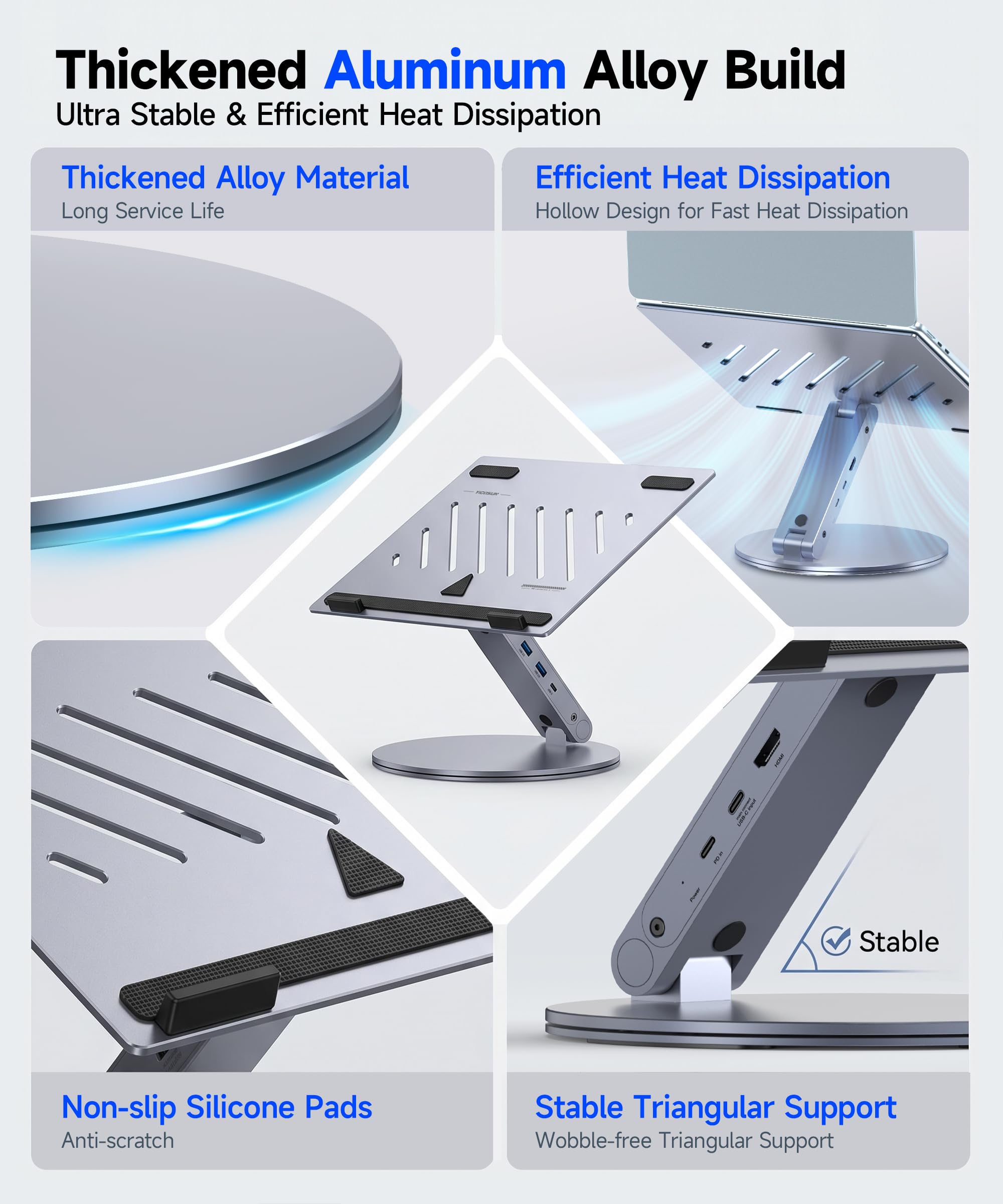 YICOSUN Supporto da scrivania per computer portatile, girevole a 360° e regolabile in altezza, ergonomico con prese d'aria di raffreddamento in alluminio, per MacBook, Dell, Lenovo da 10 a 16 pollici