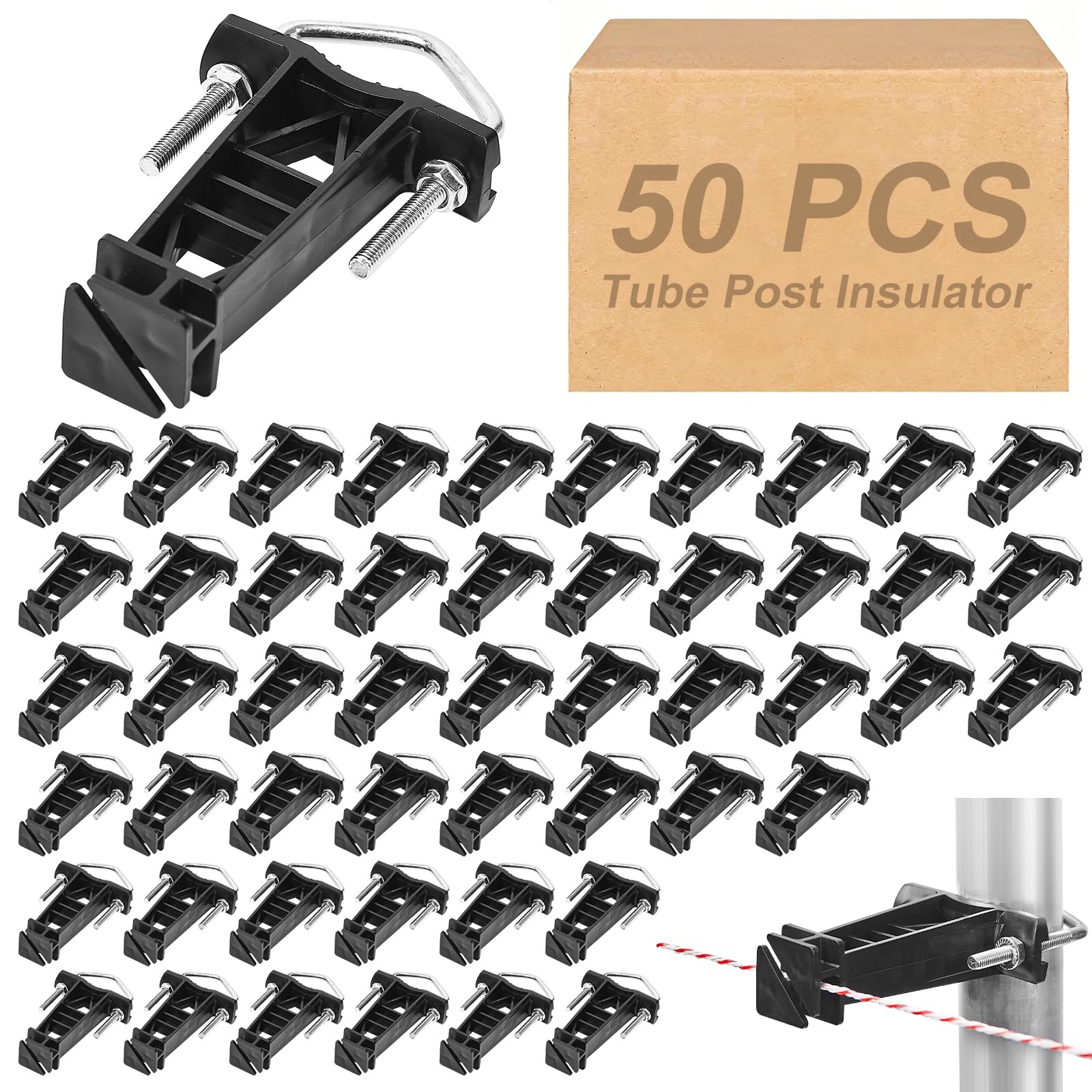 Aislador de poste de tubo, aisladores eléctricos de poste en T para alambre de valla eléctrica para tubos cuadrados o redondos de eslabones de cadena (negro-50P)