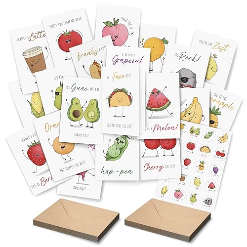 Premium Funny Thank You Cards, Teacher Appreciation Cards with Envelopes, Cute Thank You Notes for Kids Student, Set of 20 Blank Notecards with Kraft Envelopes & Matching Stickers, Graduation Gift - Set 20 Funny Thank You Cards
