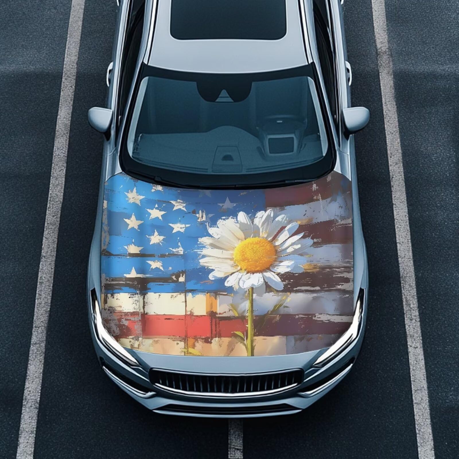 Daisy American Flag Car Hood Cover, Removable Watercolor American Flag Flower Automotive Exterior Accessories Washable Elastic Car Bonnet All-Season Protection