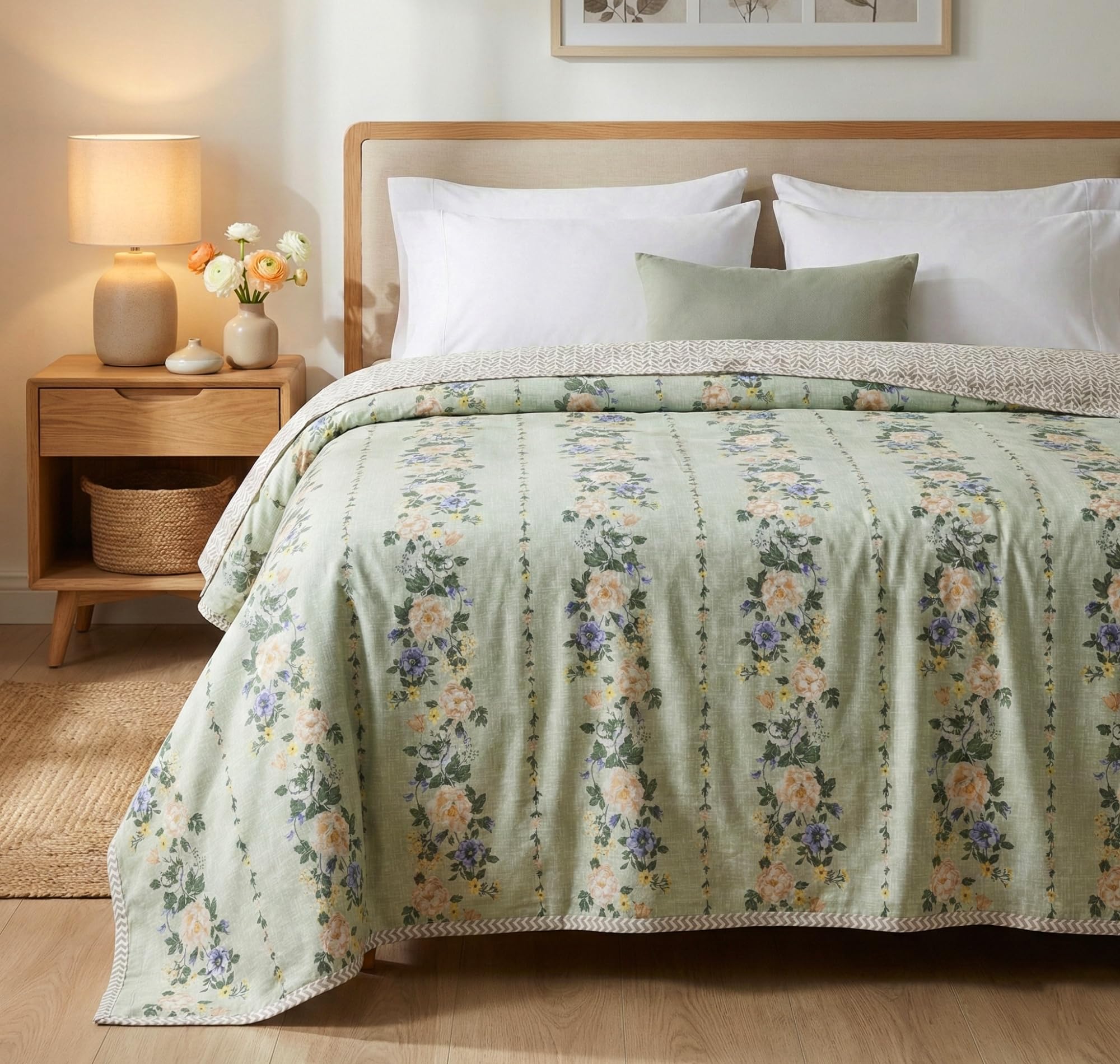 BSB HOME 100% Cotton Reversible Dohar Single Bed Size | AC Blanket Lightweight Summer Comforter | Soft Breathable Bed Blanket (152 x 225 cm) (Mint Blossom Garden)
