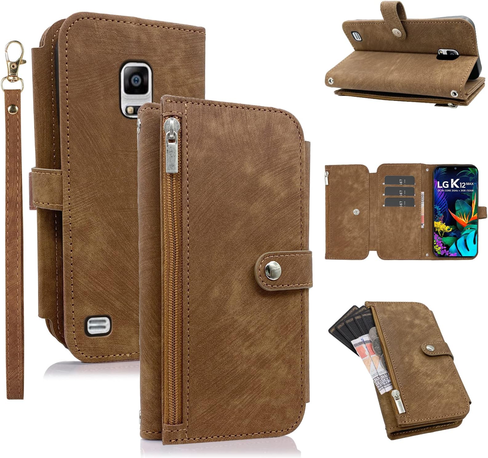 Compatible with Samsung Galaxy Note 4 Wallet Case 9 Card Slots Retro Leather Flip Card Holder Cell Strap Rugged Wrist Credit Purse Folio Phone Cover for Note4 N910A Not Notes Four Women Men Brown