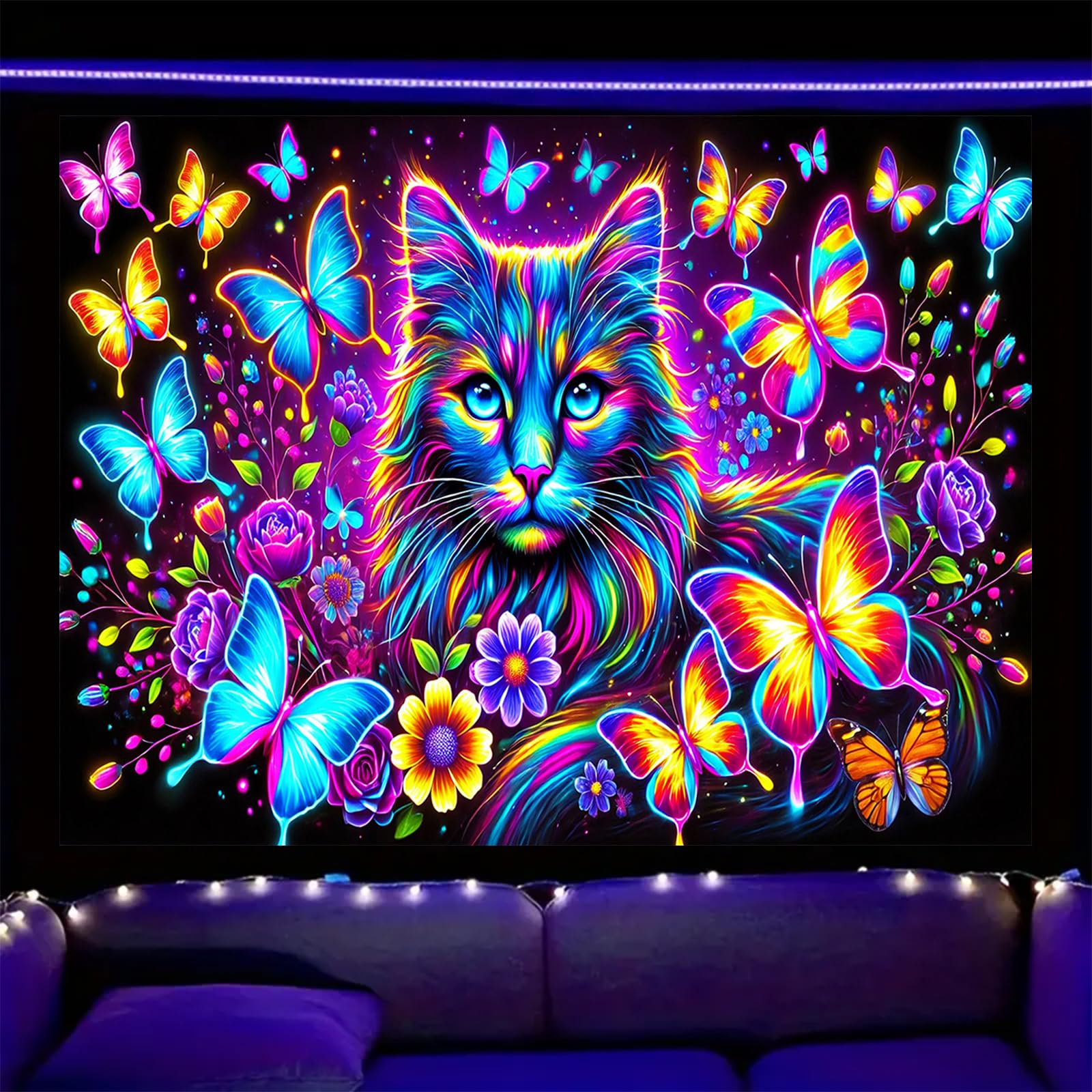Nuxovilar Neon Cat Butterfly Wall Tapestry Polyester 78.74x59.05 In