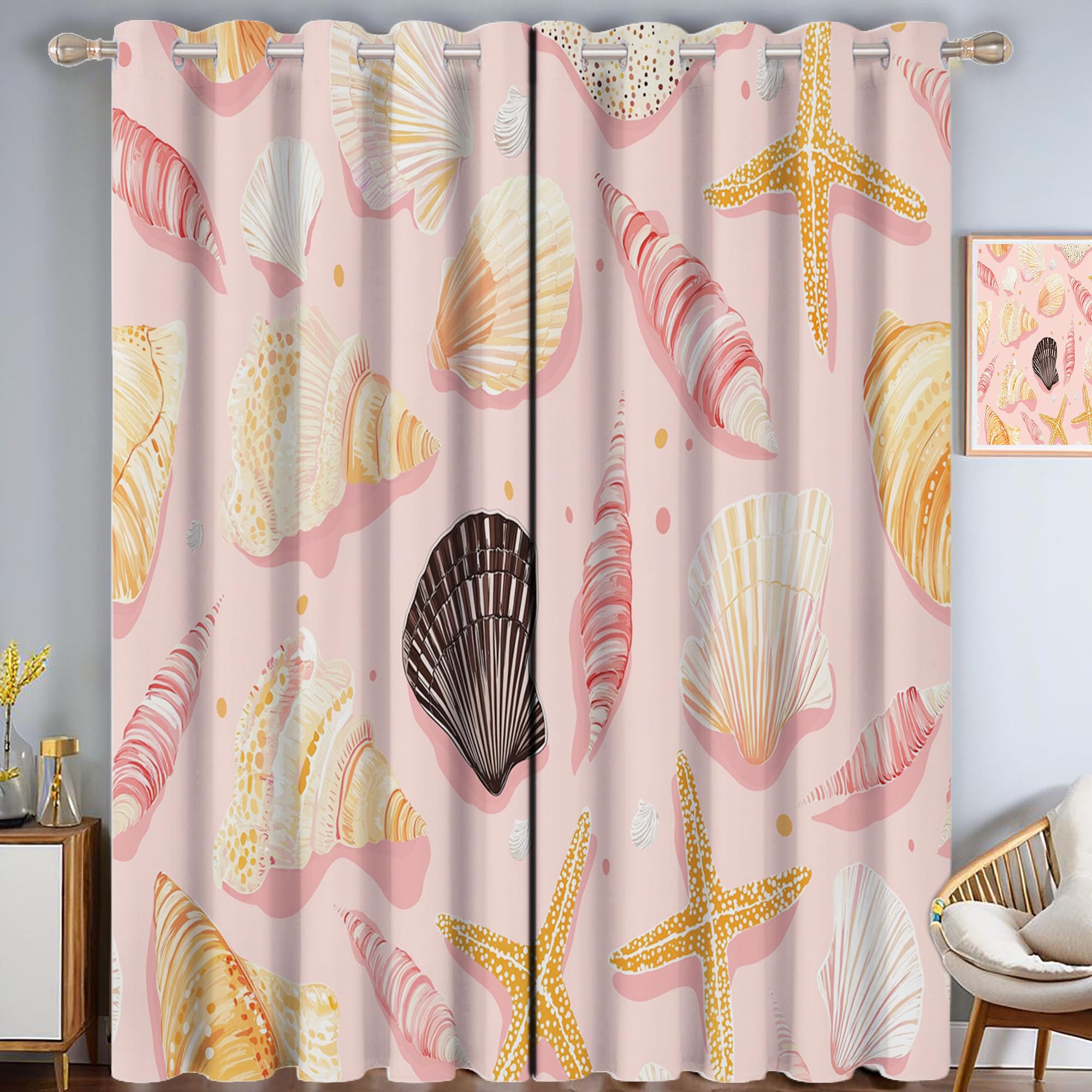 Rideau Occultant Thermiques Anti Froid Coquillage De Dessin Animé Imprimé 140Lx240H Cm Rideaux Opaques pour Salon Chambre, Jolie Illustration Design avec Oeillet Poudre Blush Lot De 2 De Cuisine