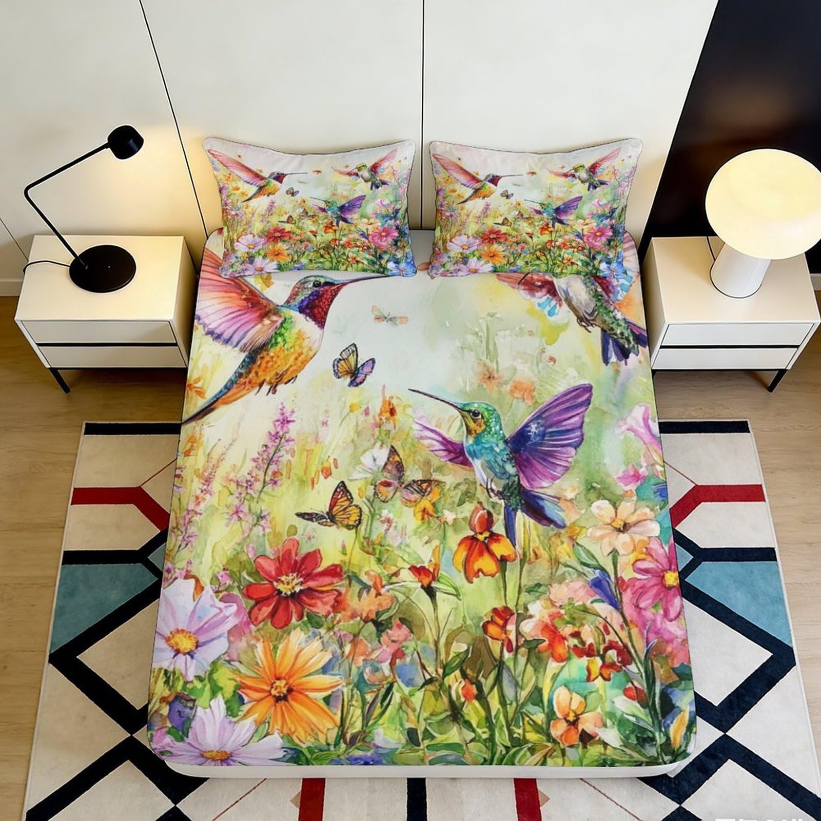 3D Printed Colorful Hummingbird Fitted Sheet Microfiber Soft Floral Butterfly Mattress Cover for Bedroom Guest Room Decor 90x200x25cm