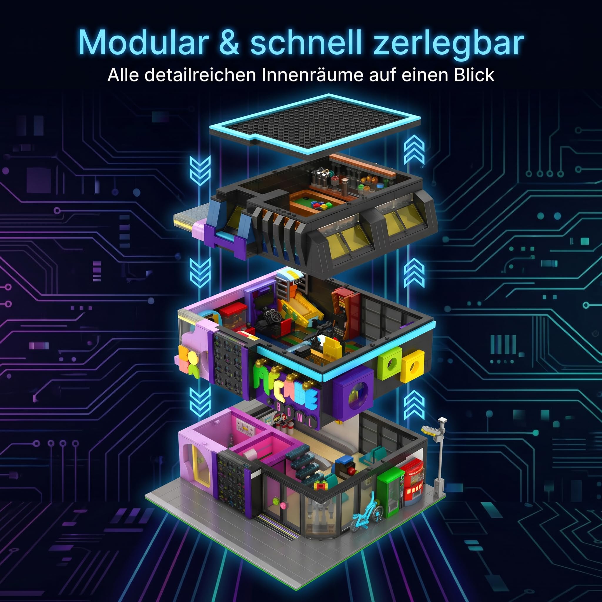 Klemmbausteine Cyberpunk Spielhalle, 2600 Teile | Retro Arcade Modular Building, Zukünftige Stadt Haus Bausatz für Erwachsene, Kompatibel mit Barweer BWR004