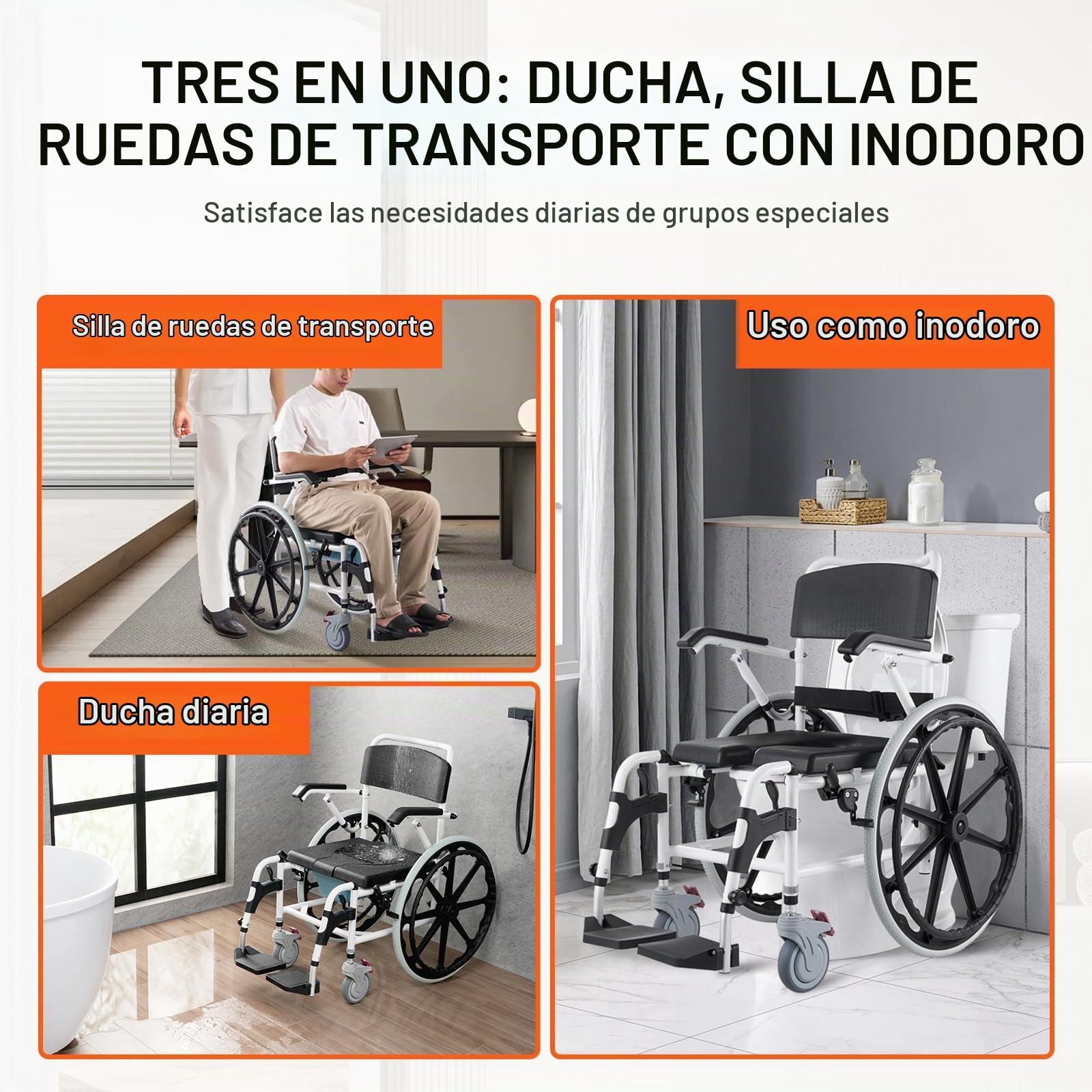 VEVOR Silla de Ruedas de Ducha de Aleación de Aluminio para Ducha Interior, Silla de Ducha con Ruedas Ajustable con Freno para Adultos Discapacitados, Carga de 136 kg, 1015 x 620 x 920 mm, Negro