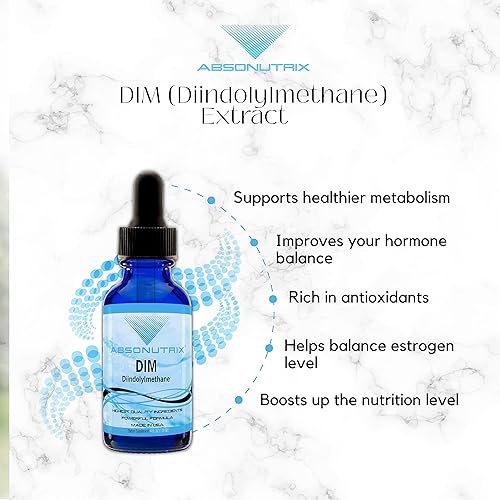 Miniatura 3 de Absonutrix DIM (Diindolilmetano) Extracto de 593 mg, botella de 4 onzas, 200 porciones potentes, gotas probadas por terceros, absorción rápida, sin