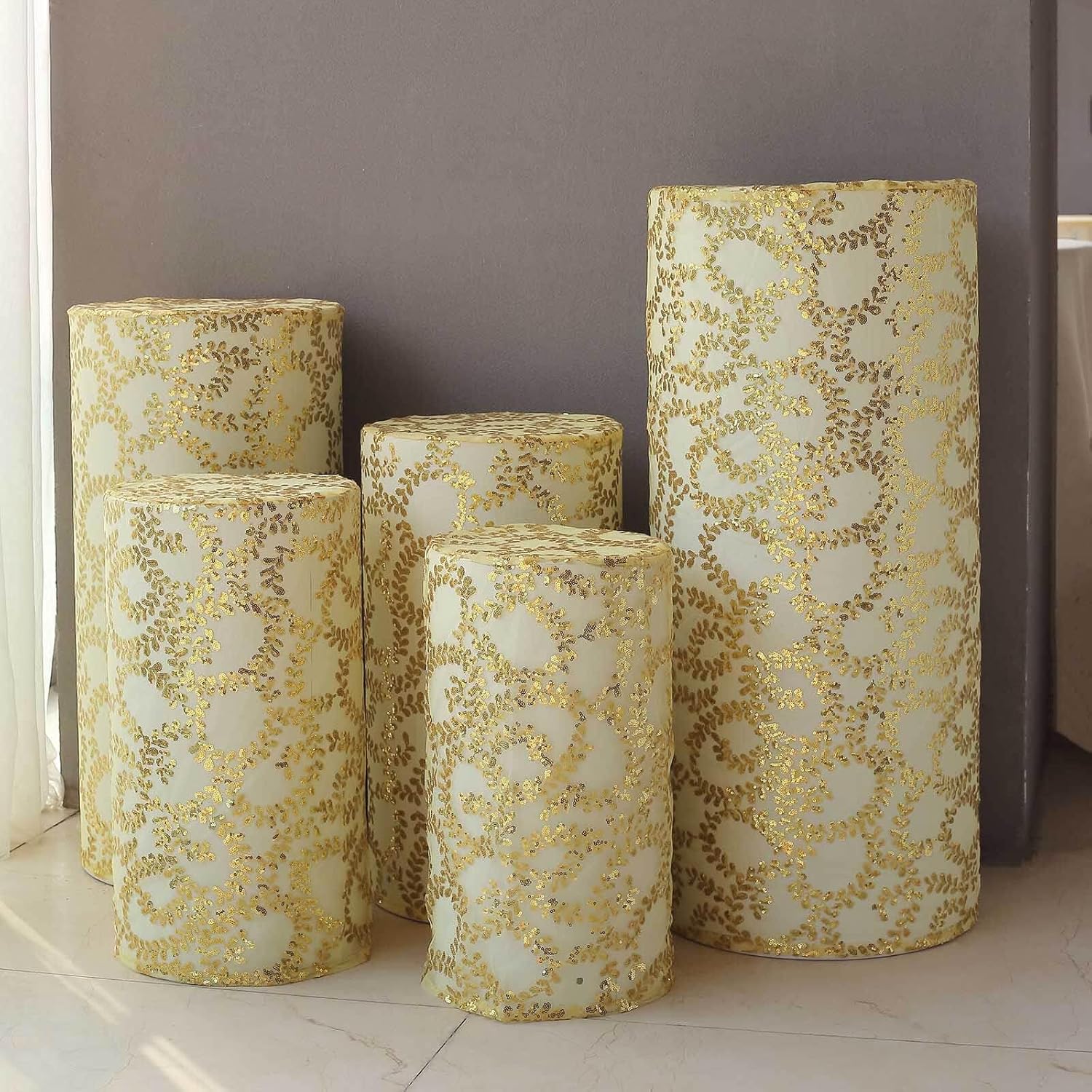 Efavormart Set of 5 Gold Sequin Mesh Cylinder Display Box Stand Covers with Leaf Vine Embroidery, Sparkly Sheer Tulle Pedestal Pillar Prop Covers